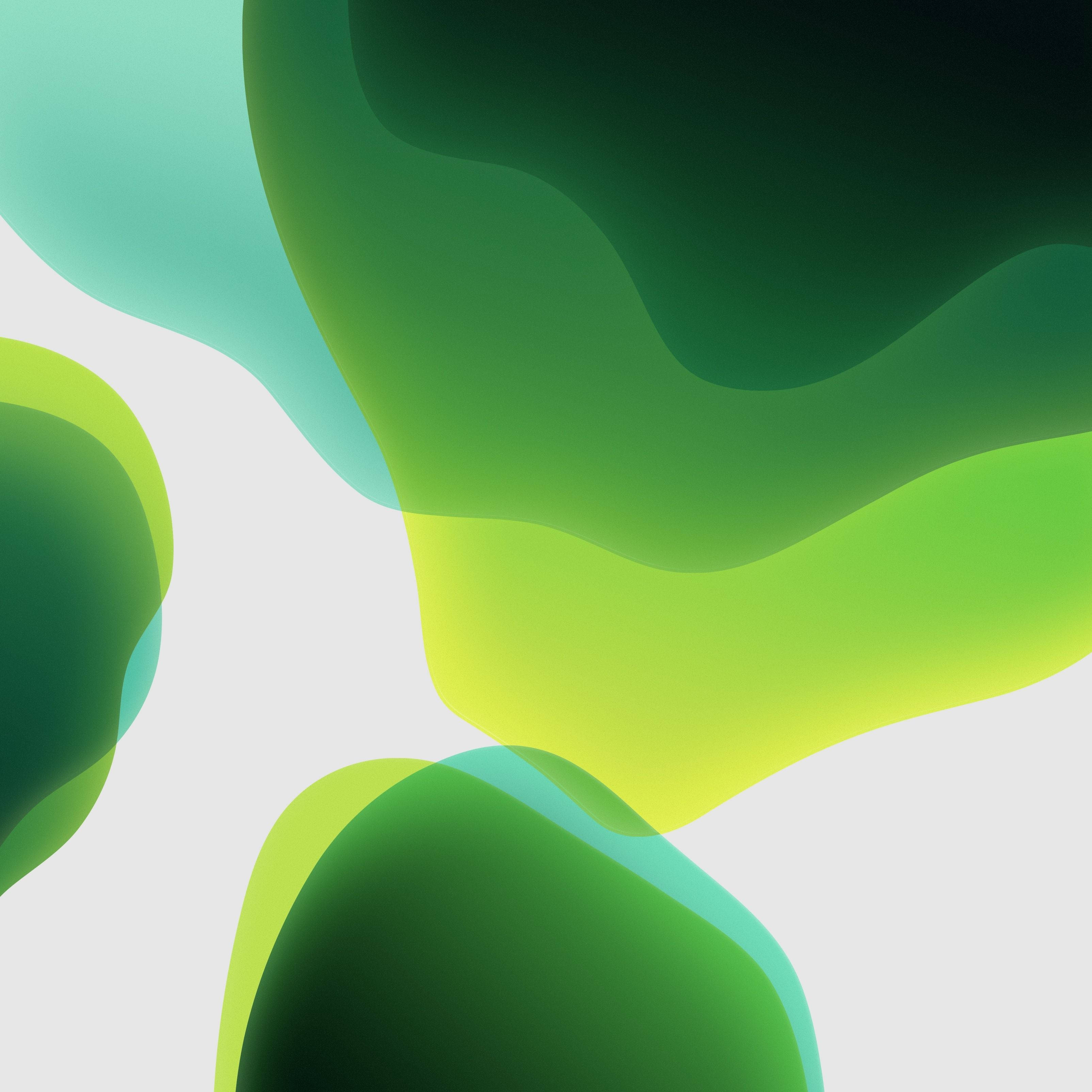 iOS 13, green, abstract green shapes, 2K Desktop Wallpaper