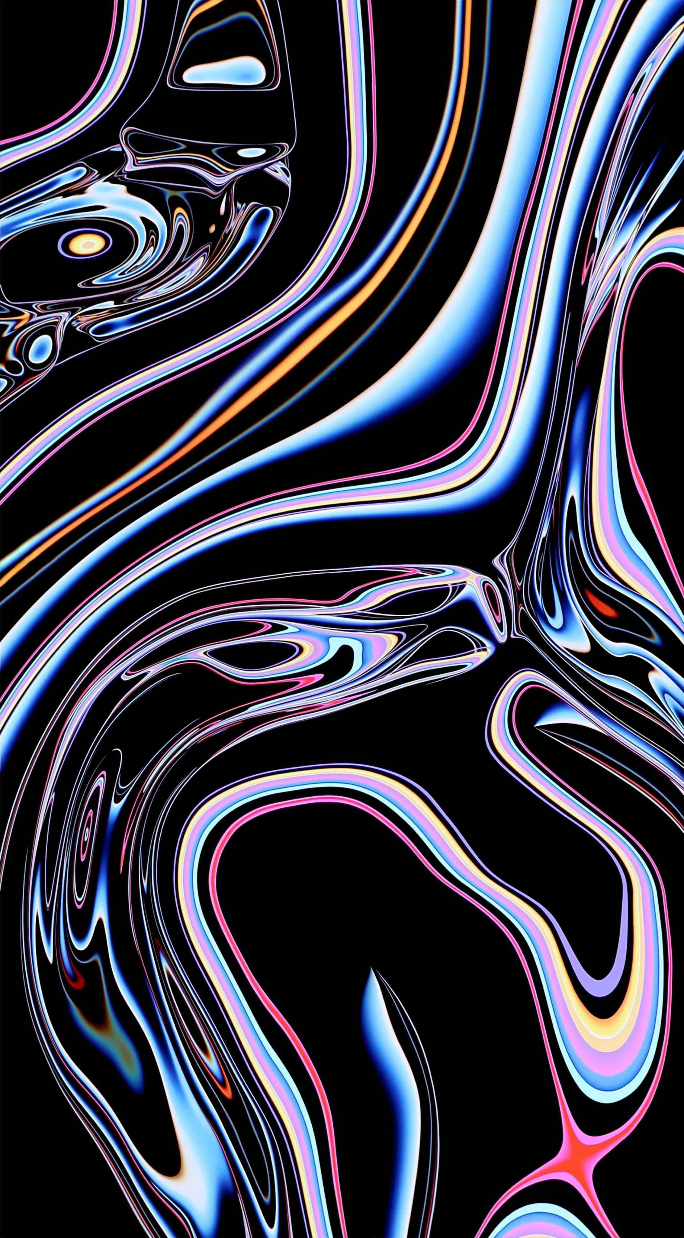 iOS 14, metallic liquid, neon liquid swirls, 4K Phone Wallpaper