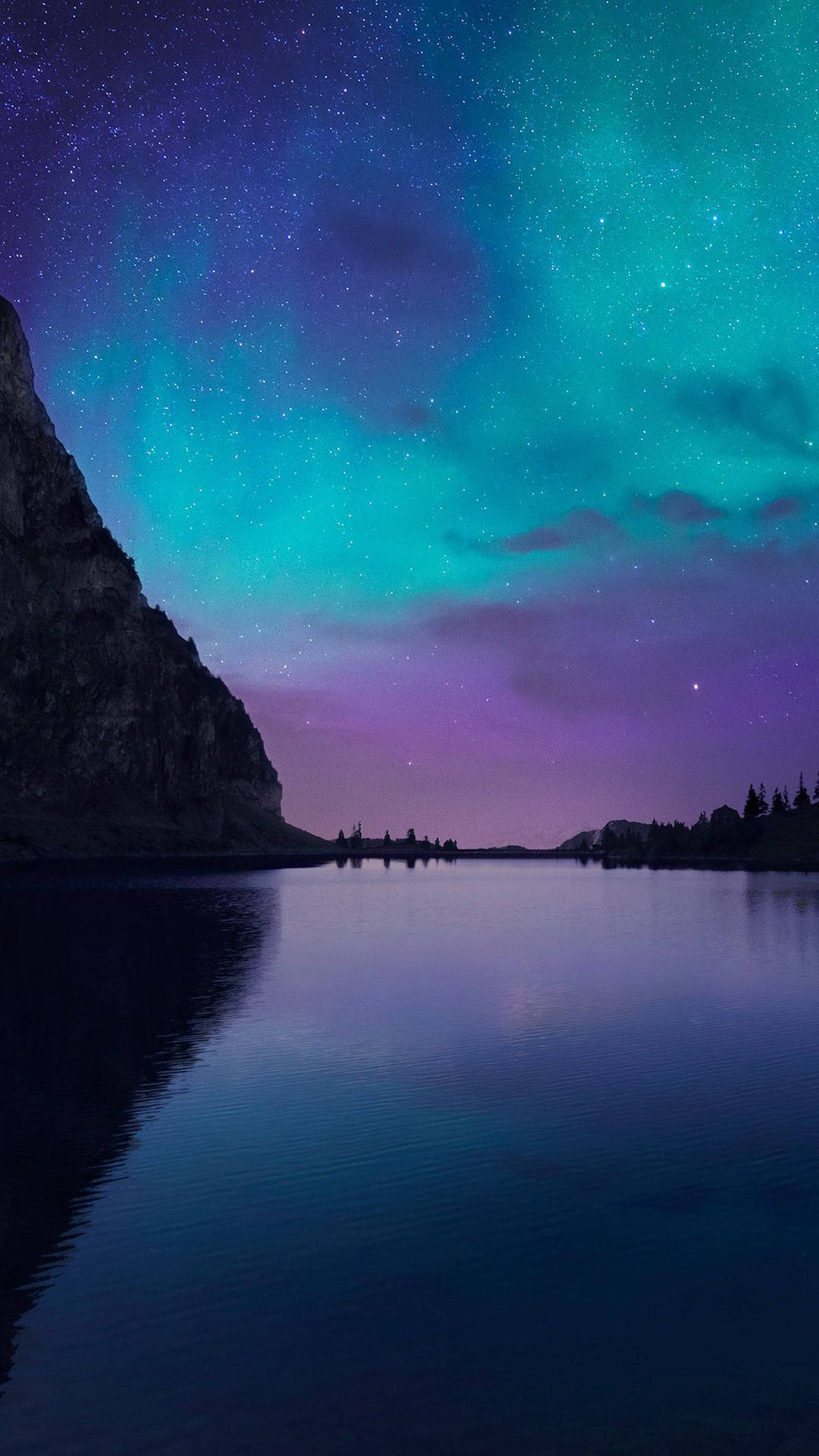 iOS 15, starry night sky, vibrant green and purple auroras, Full HD Phone Wallpaper