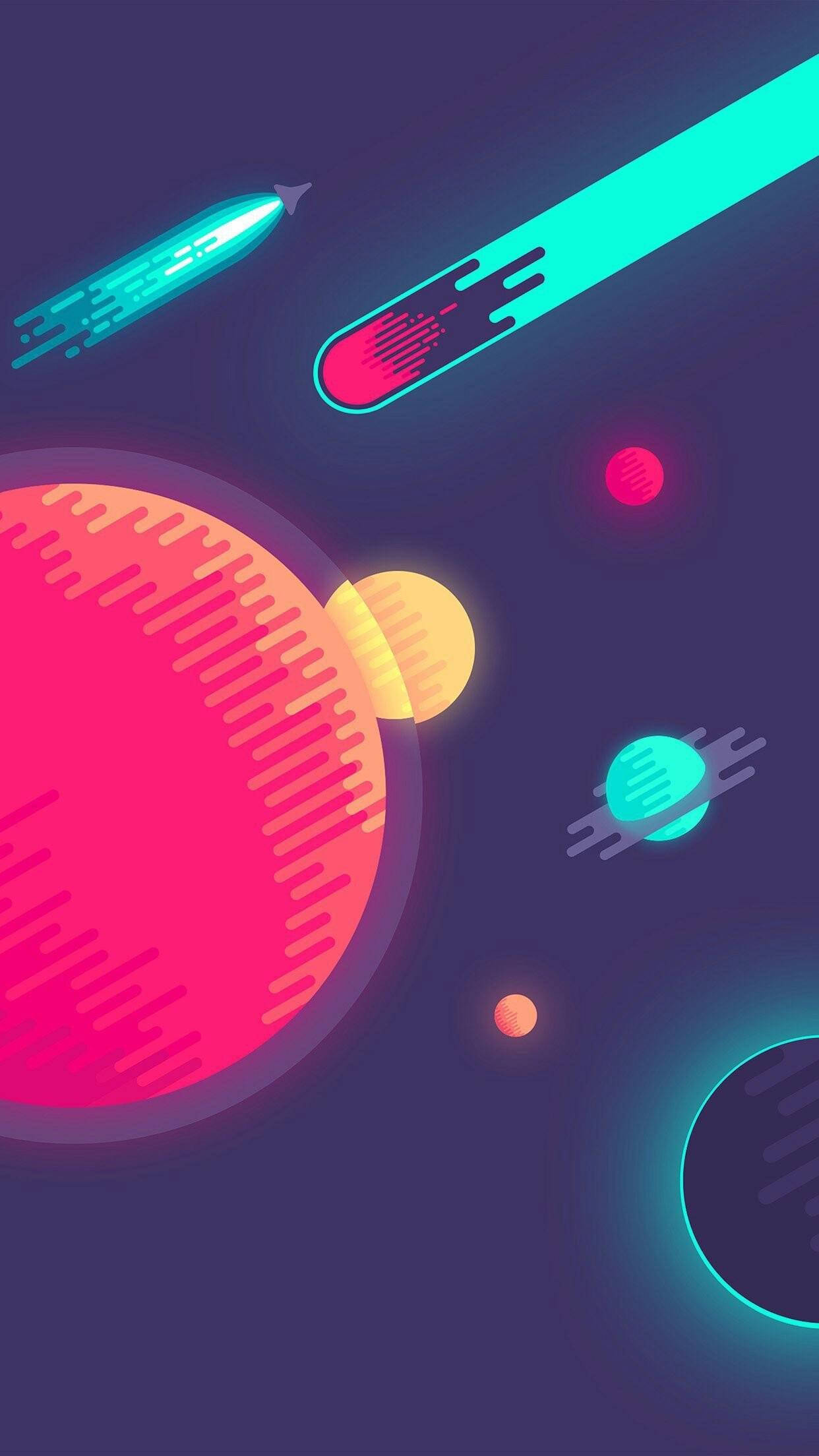 iOS 16, neon planets, streaking comets, Full HD Phone Wallpaper