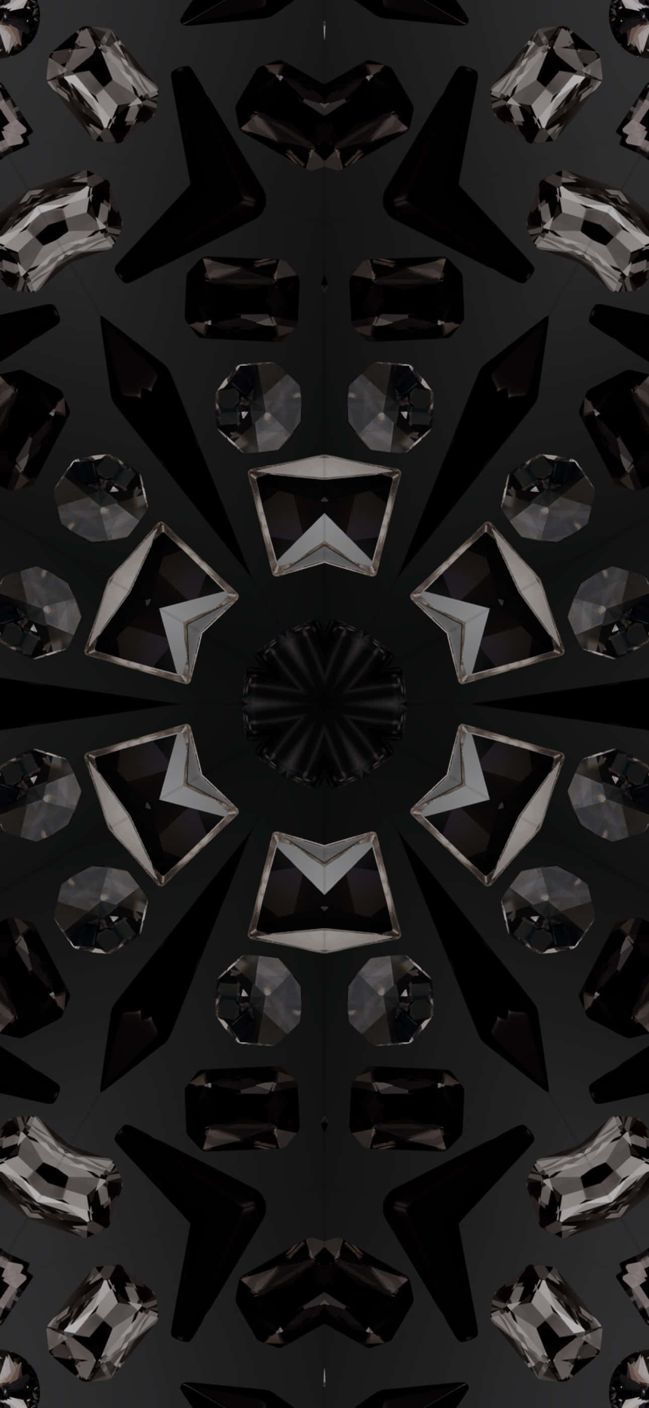 iOS 17, black and silver gemstones, central starburst, 2K Phone Wallpaper