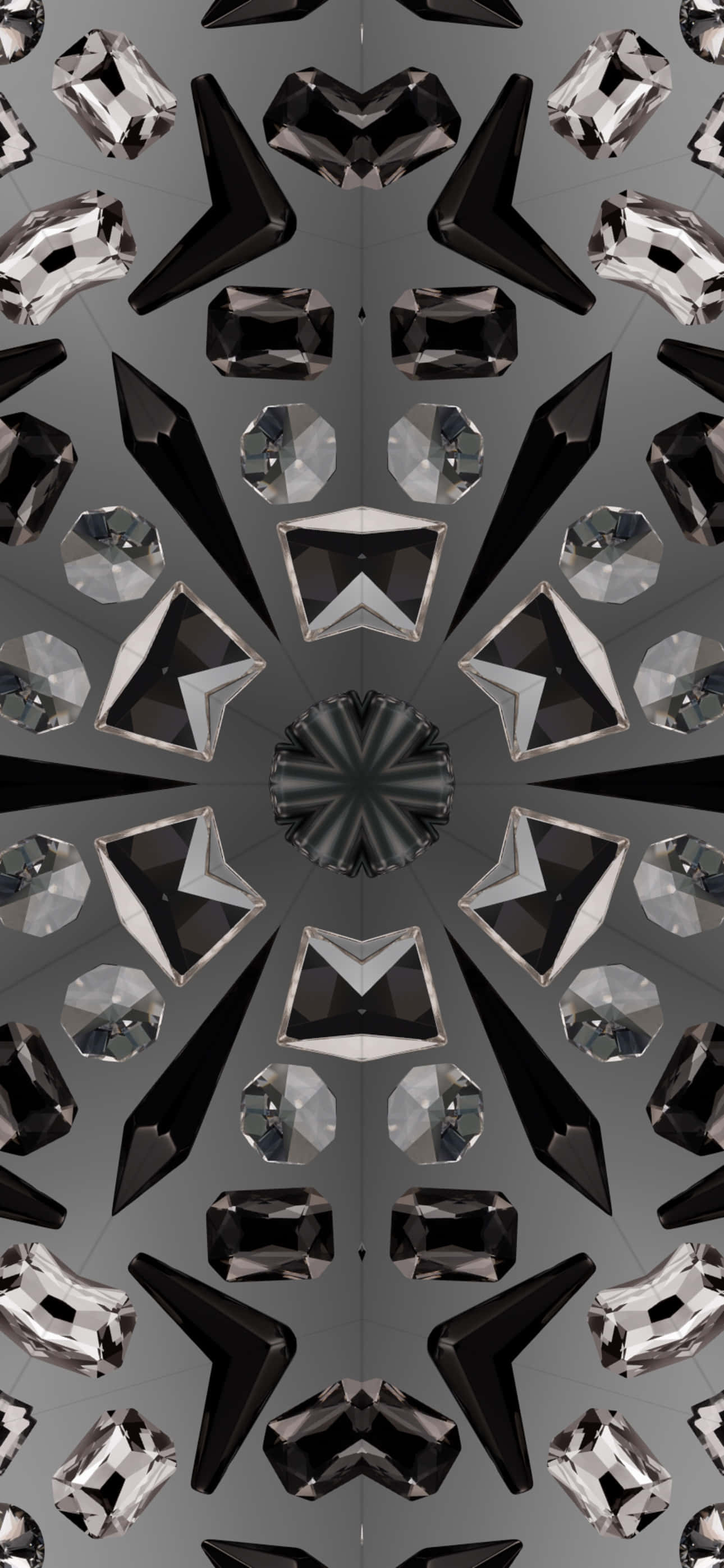iOS 17, gray background, black and clear gemstones, 2K Phone Wallpaper