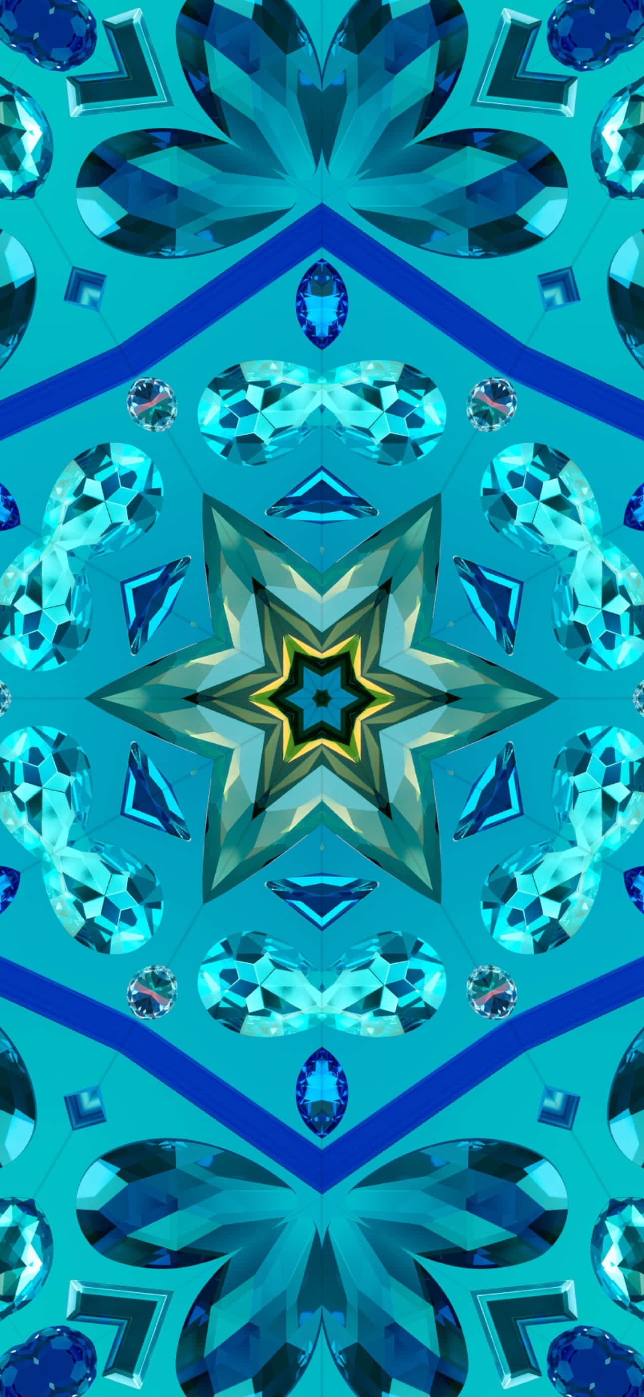 iOS 17, teal background, faceted blue gemstones, 2K Phone Wallpaper