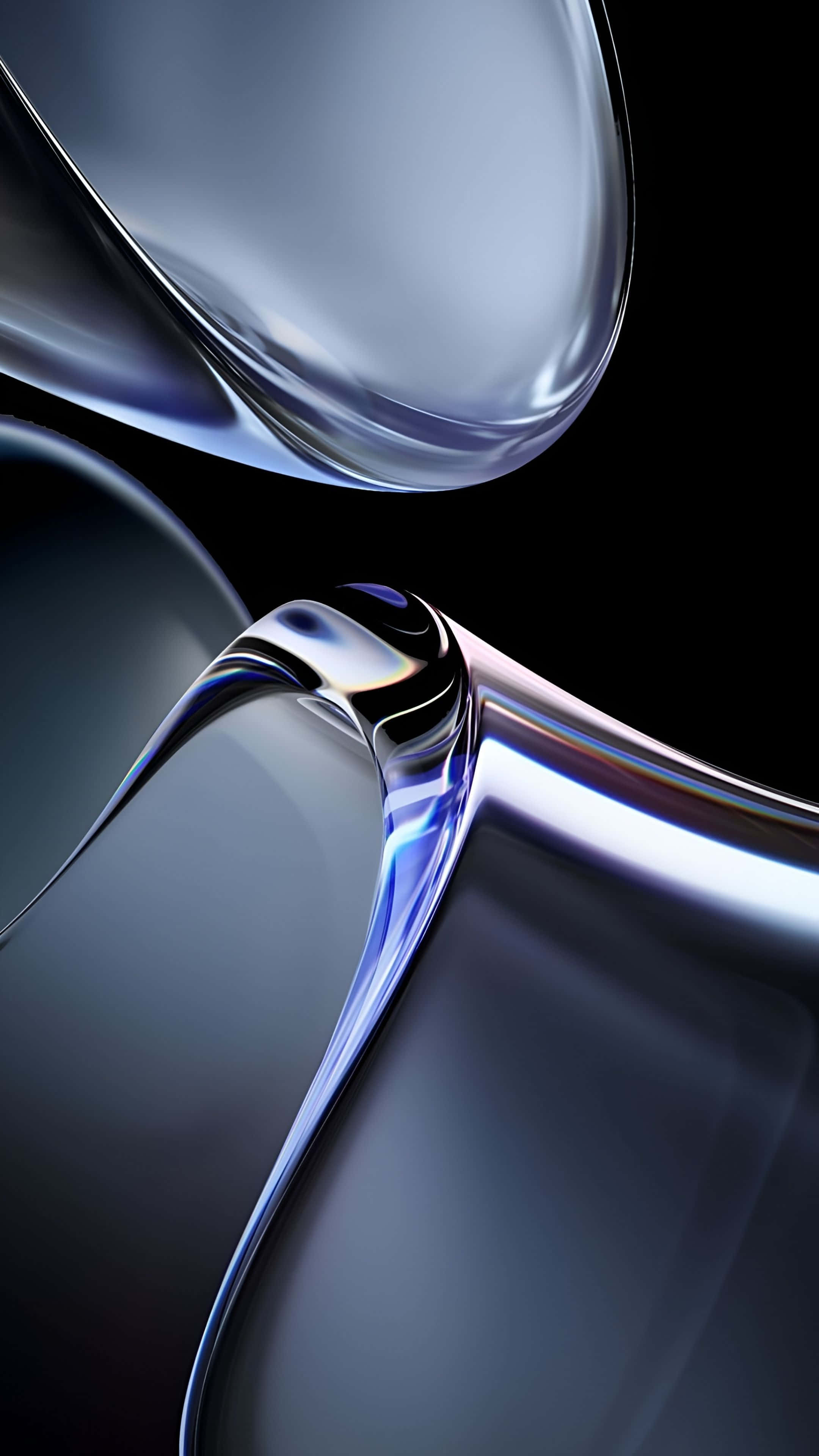 iOS 16, glossy metallic liquid, stark black background, 4K Phone Wallpaper