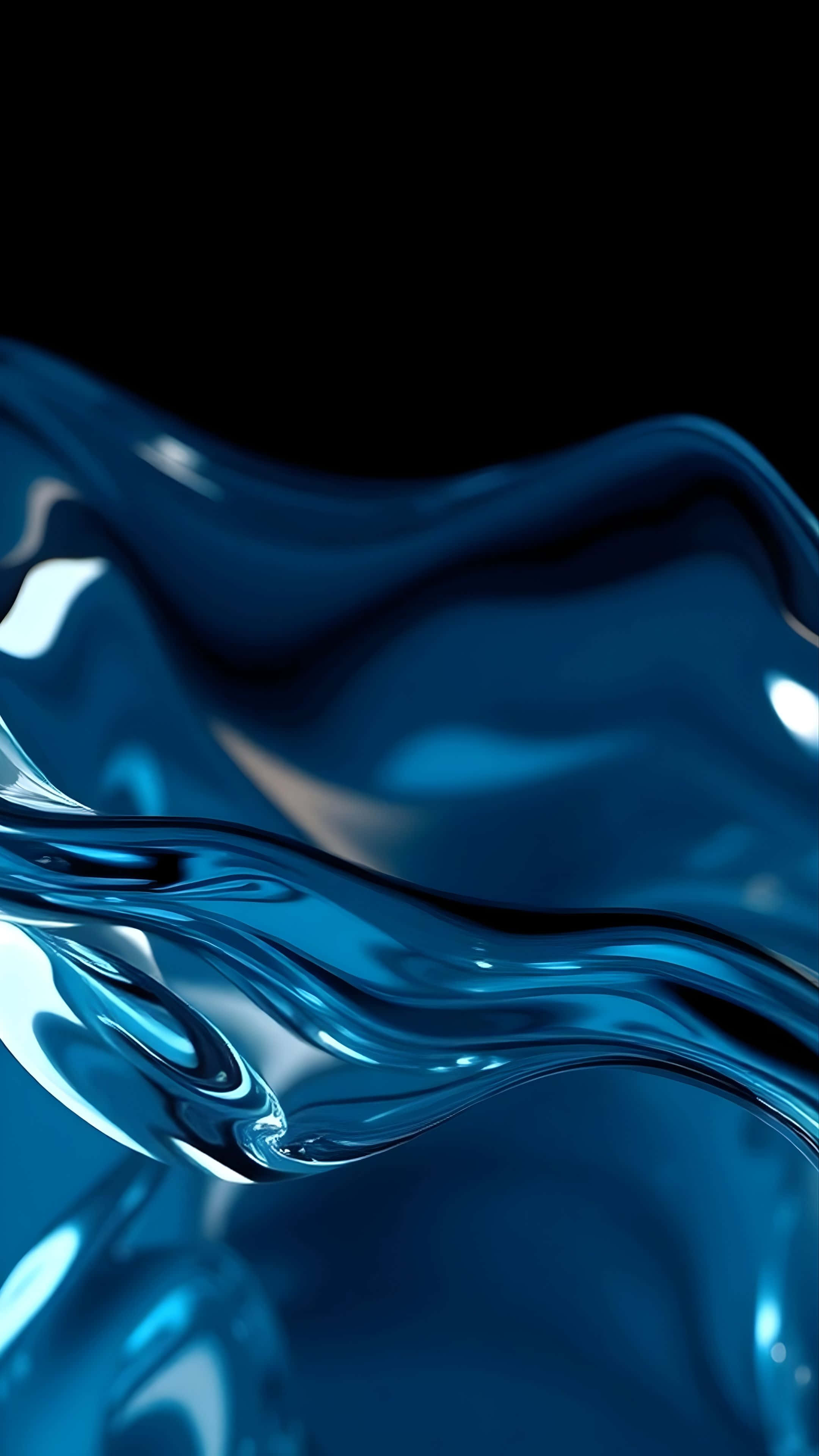 iOS 26, glossy cobalt blue liquid, stark black background, 4K Phone Wallpaper