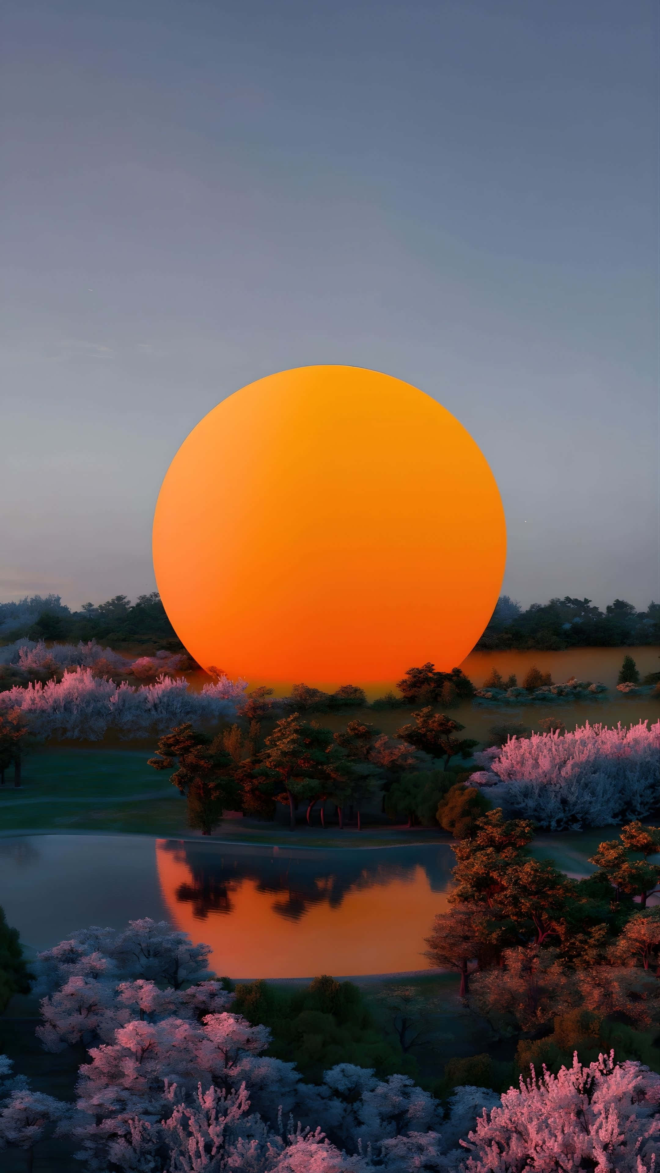 iOS 26, Sunset, glowing orange sun, 4K Phone Wallpaper