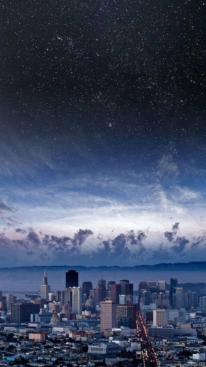 iOS 8, city skyline, starry night sky, HD Phone Wallpaper