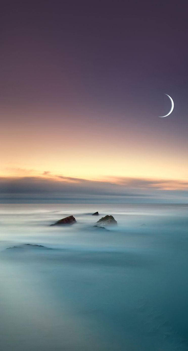iOS 8, crescent moon, twilight seascape, HD Phone Wallpaper