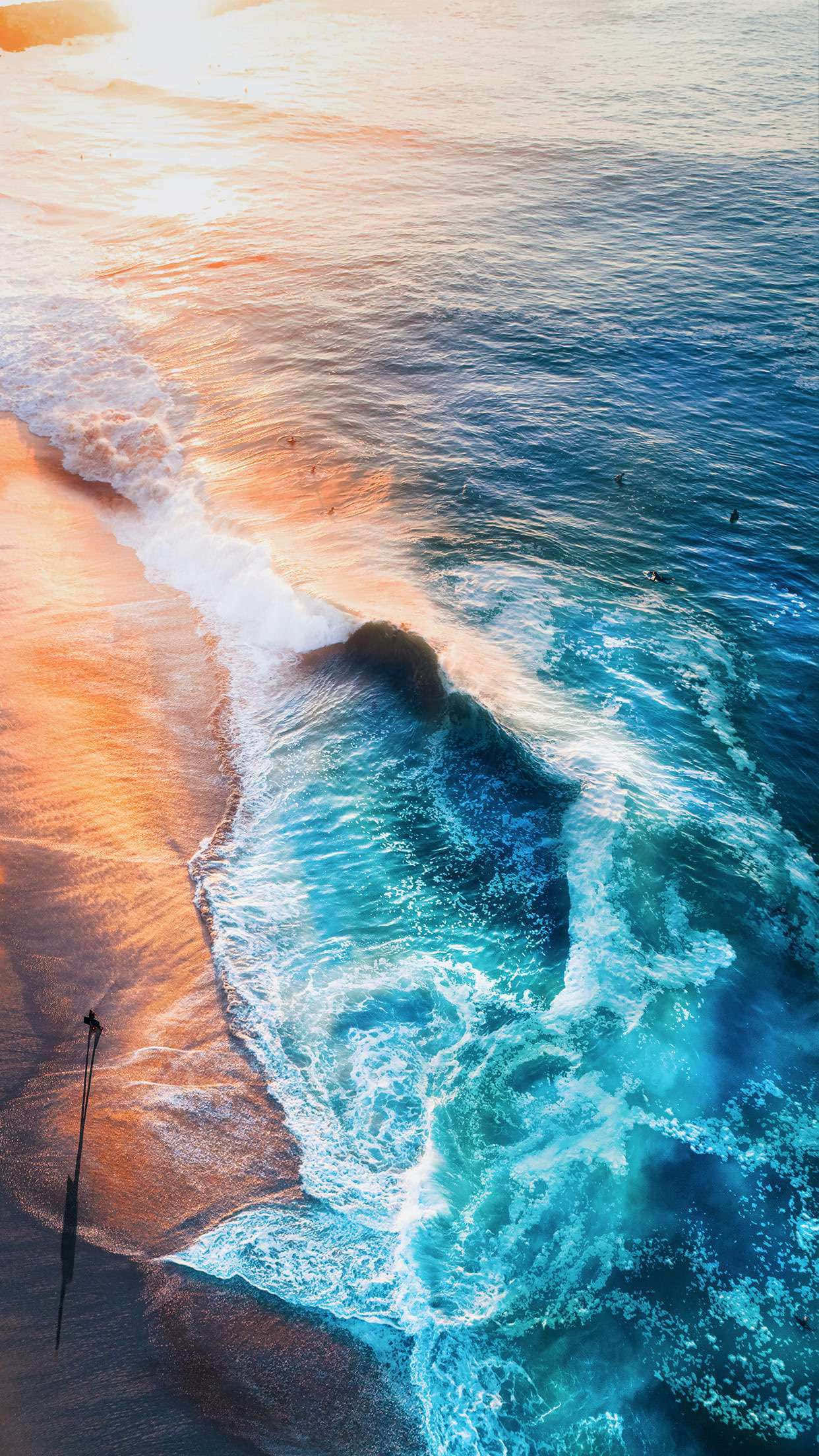 iOS Beach, Neon Blue Ocean, turquoise waves, Full HD Phone Wallpaper