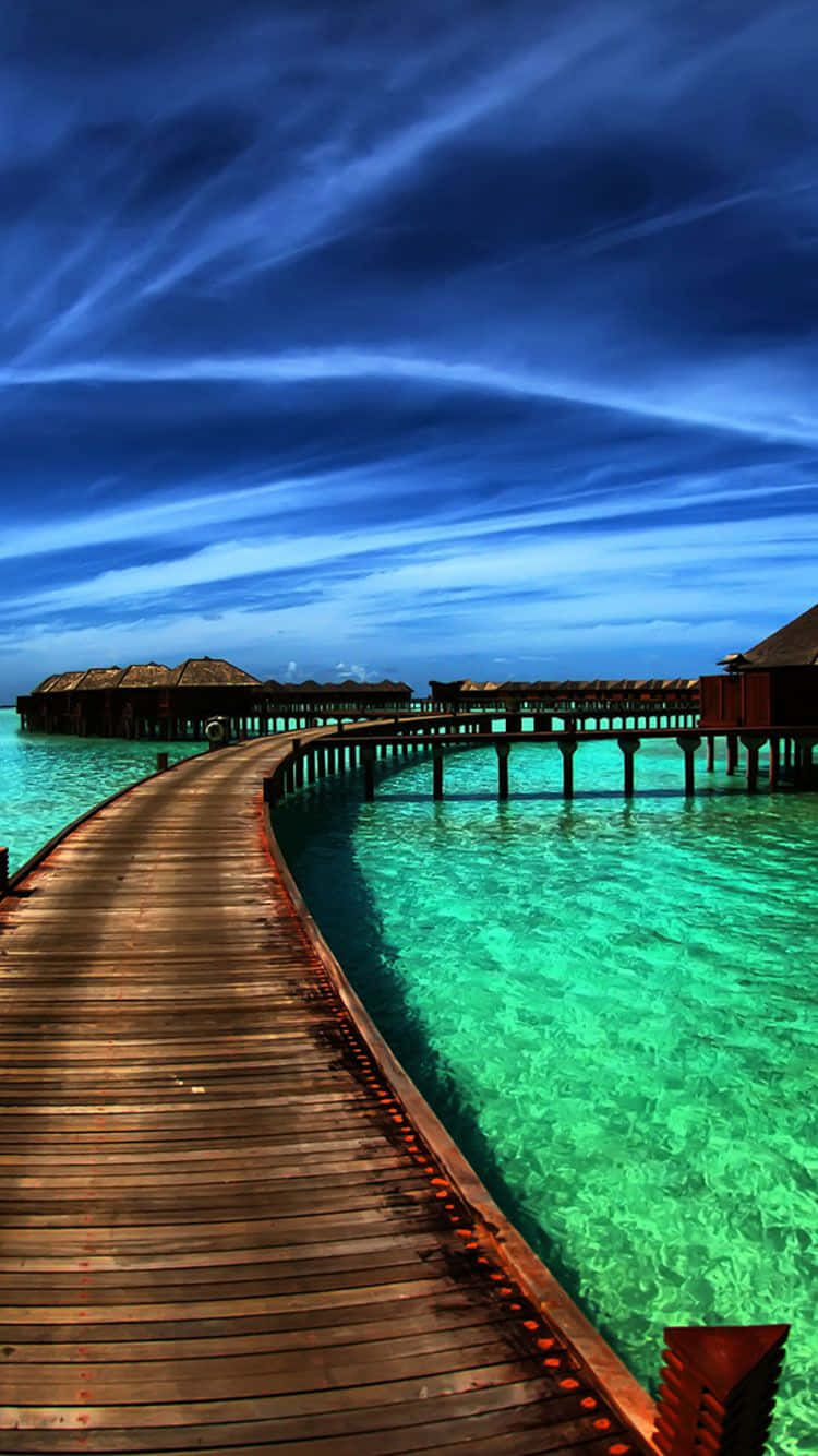 iOS Beach, wooden boardwalk, vibrant turquoise water, HD Phone Wallpaper