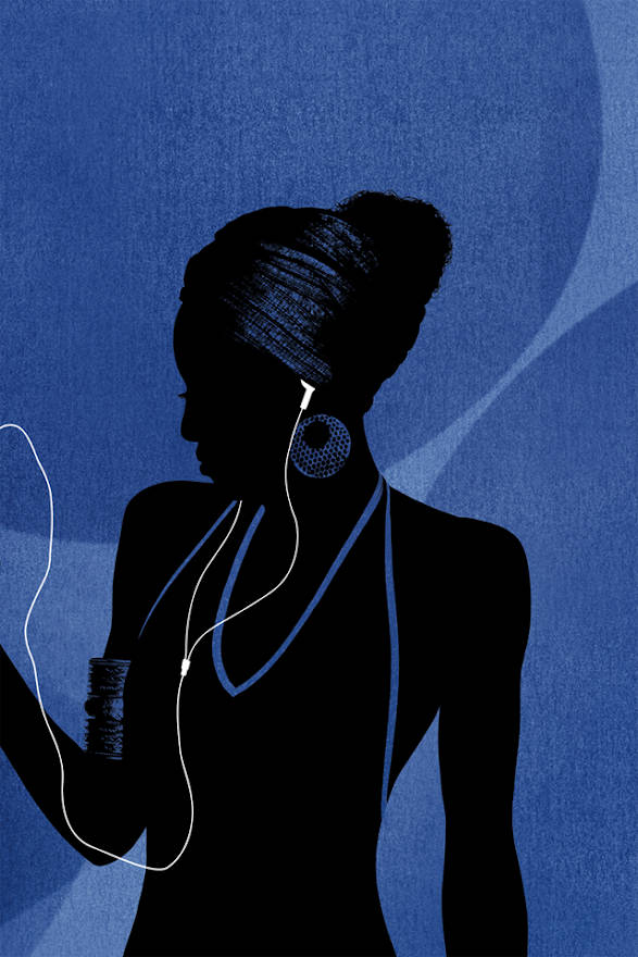 woman, headphones, textured blue background, SD Phone Wallpaper