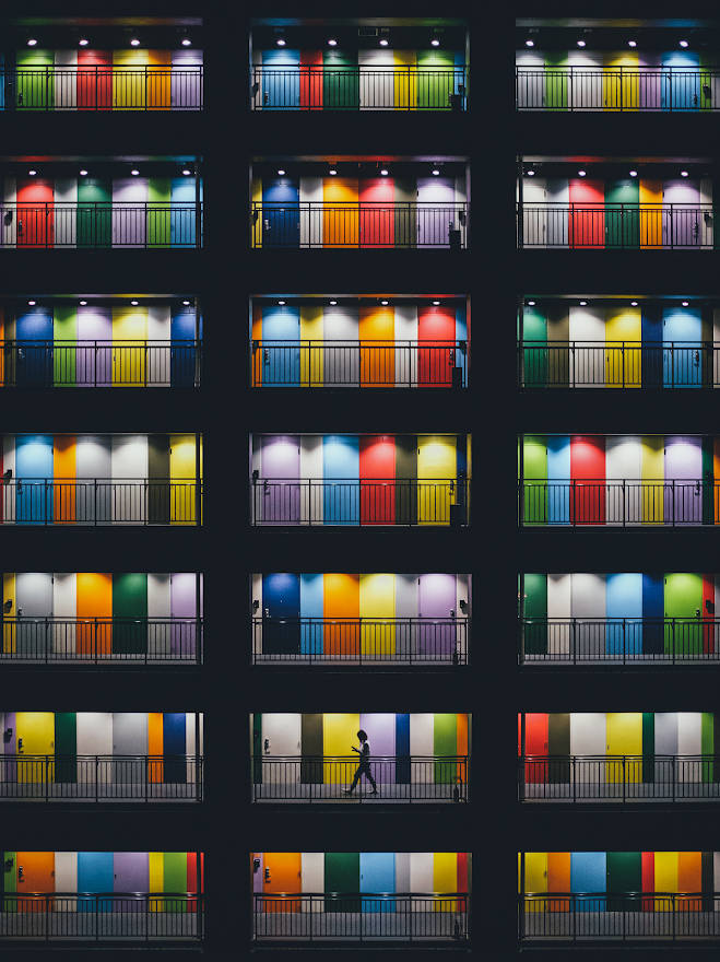 colorful apartment lights, rainbow stripes, night, SD Phone Wallpaper