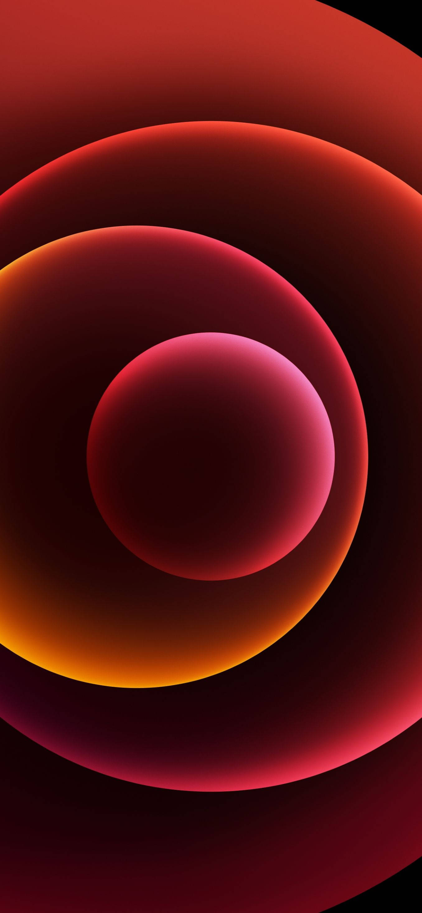 iOS 12, five red orange circles, concentric glowing orbs, 2K Phone Wallpaper