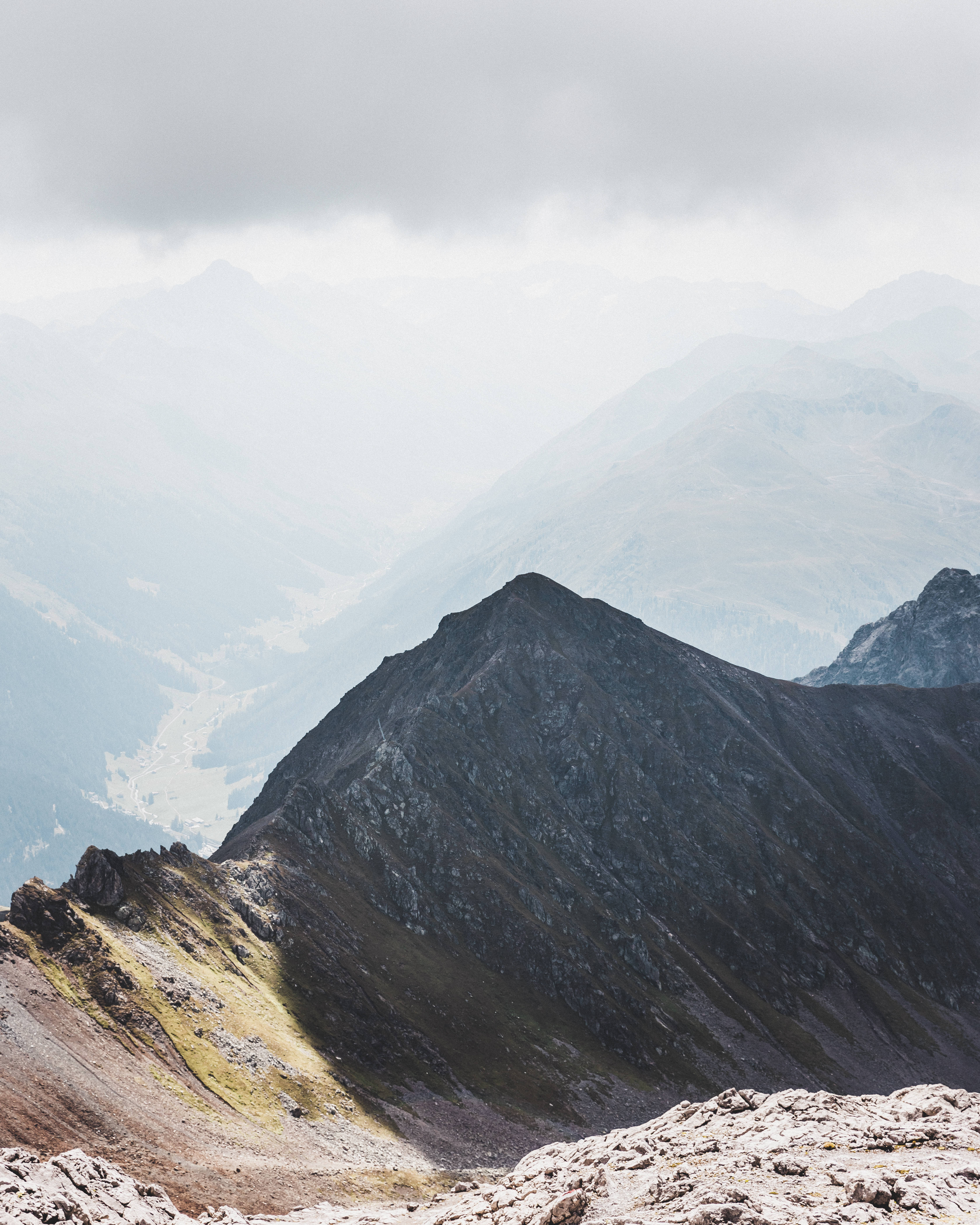 cloudy sky, misty mountain ridge, layered peaks, 5K Phone Wallpaper
