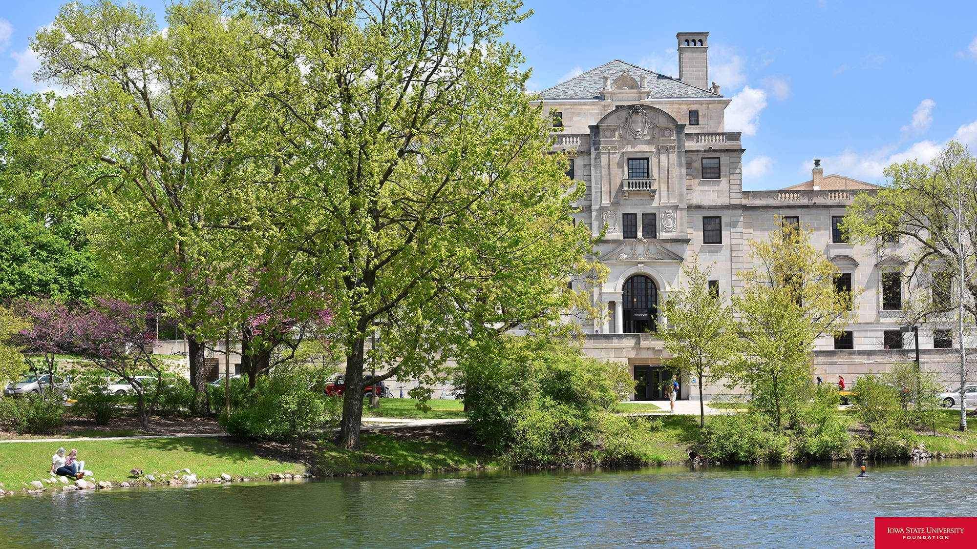 Iowa State University, lakefront, stone university building, Full HD Desktop Wallpaper