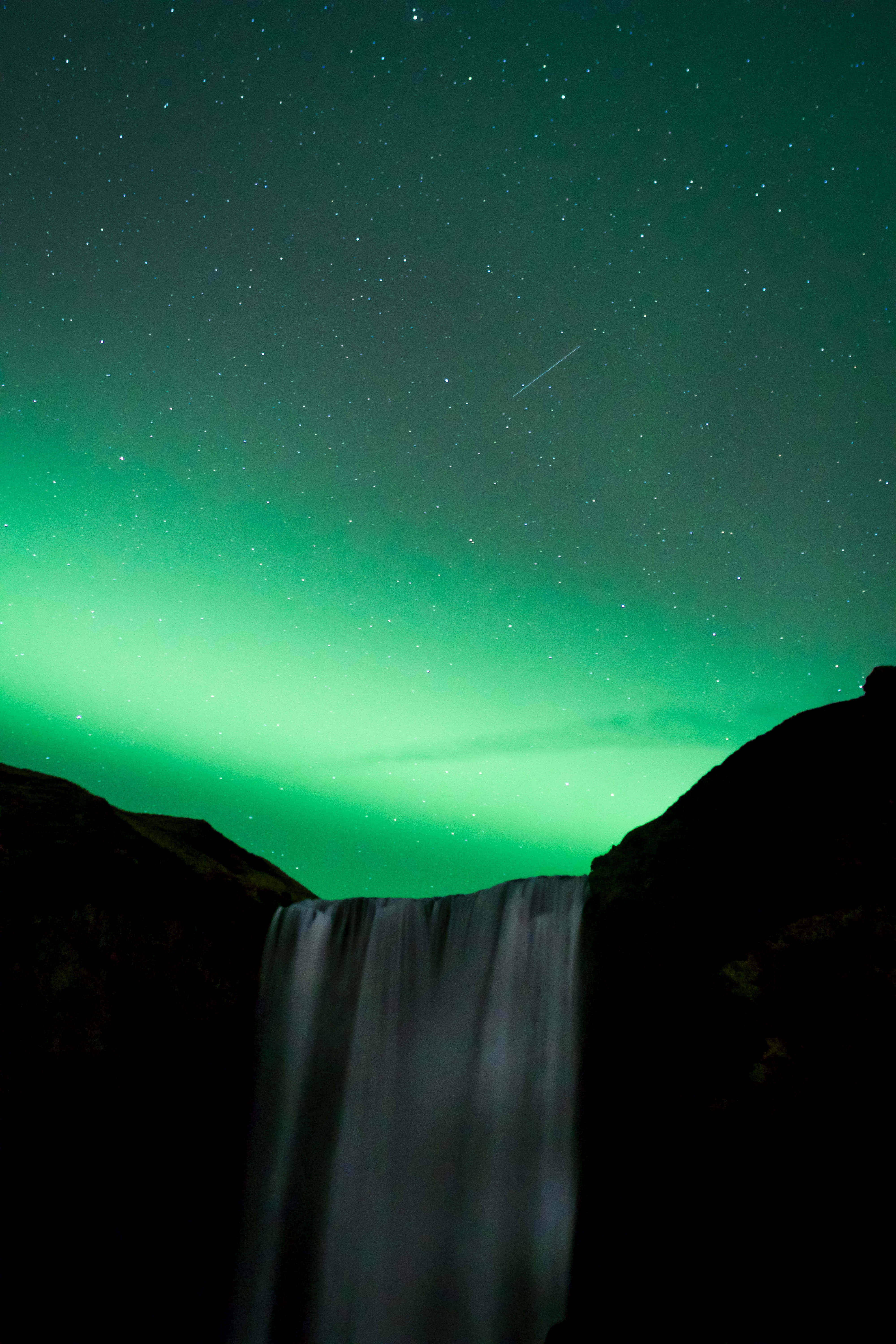 iPad 2, luminous green aurora, cascading waterfall, 5K Phone Wallpaper