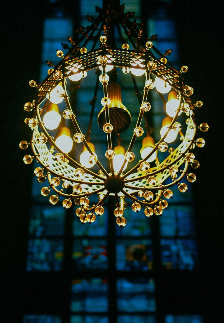 chandelier lamp, iPad 2021, dark blue stained glass window, SD Phone Wallpaper