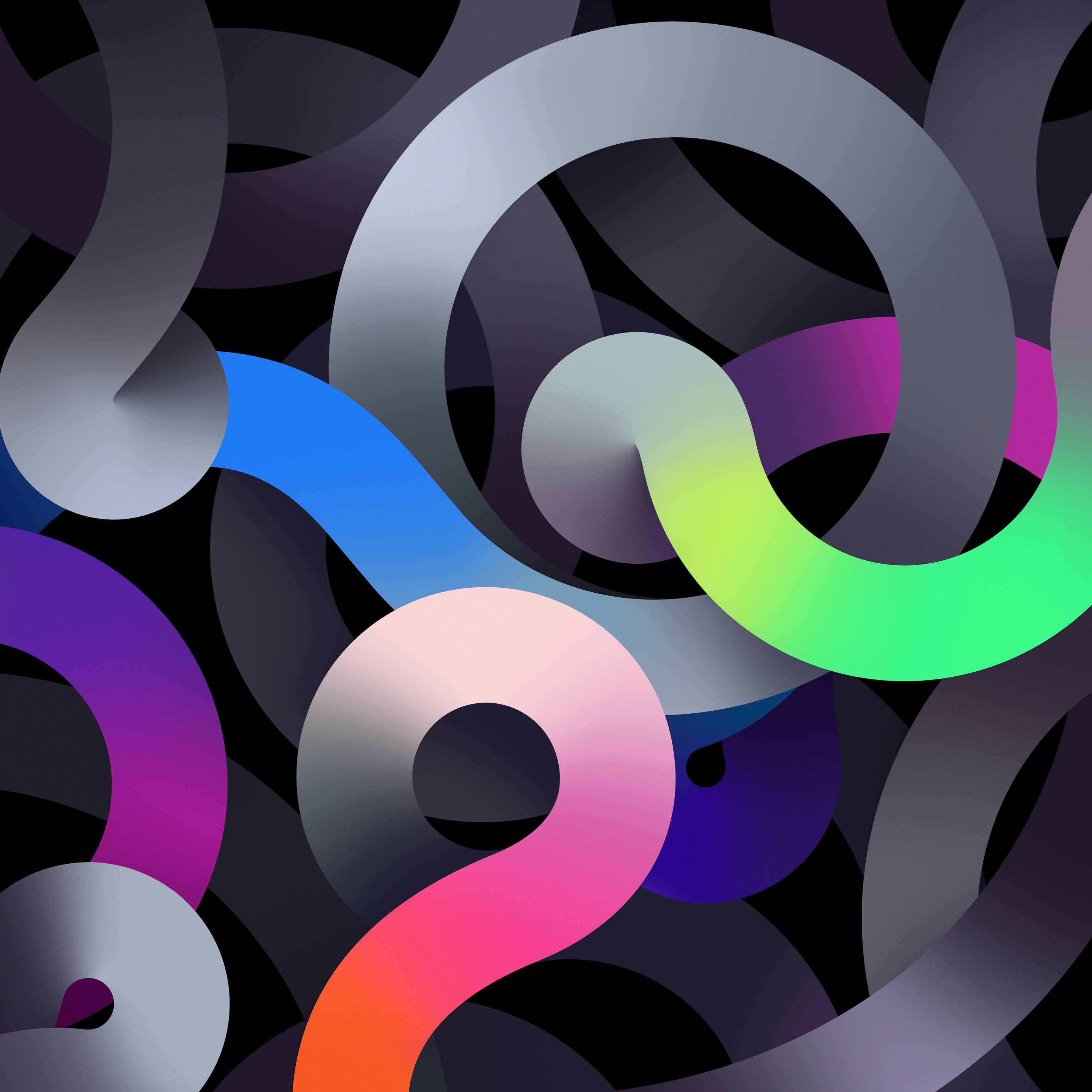 iPad Air 4, grey swirls, vibrant gradient ribbons, 2K Desktop Wallpaper