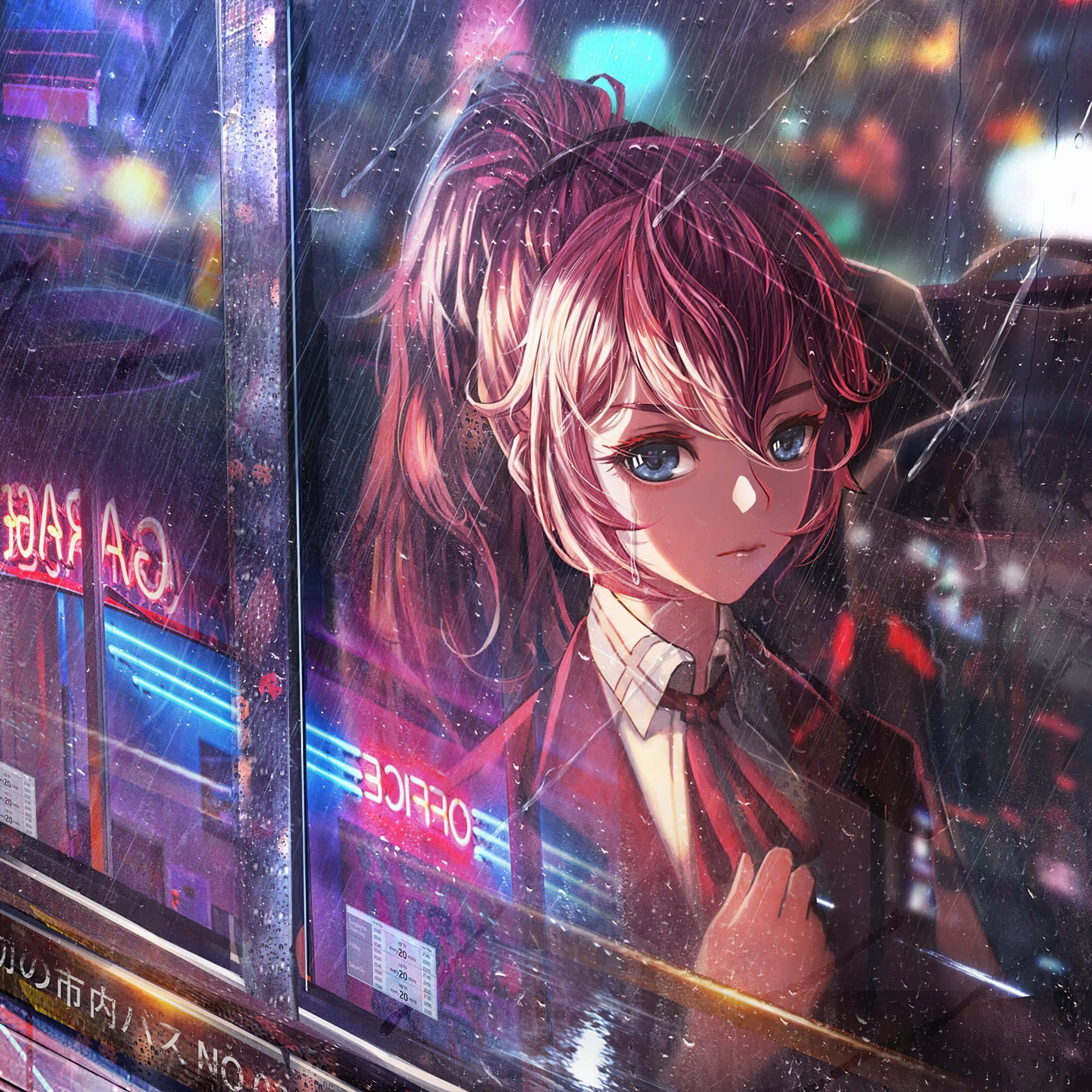 pink-haired anime girl, rain-splattered window, neon-lit cityscape, Full HD Desktop Wallpaper