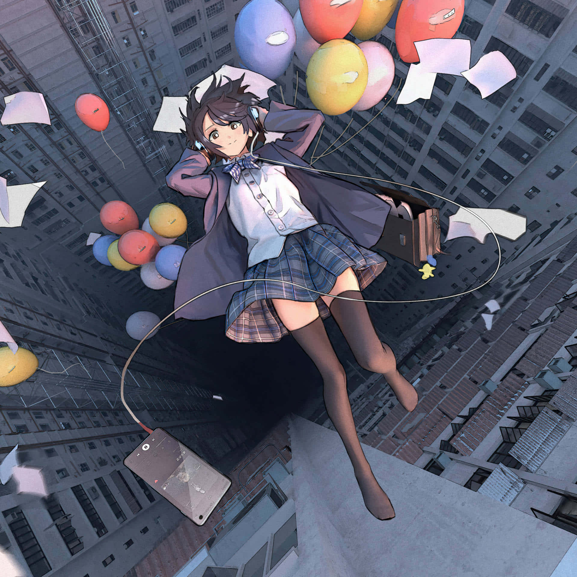 iPad, anime girl, colorful balloons, Full HD Desktop Wallpaper