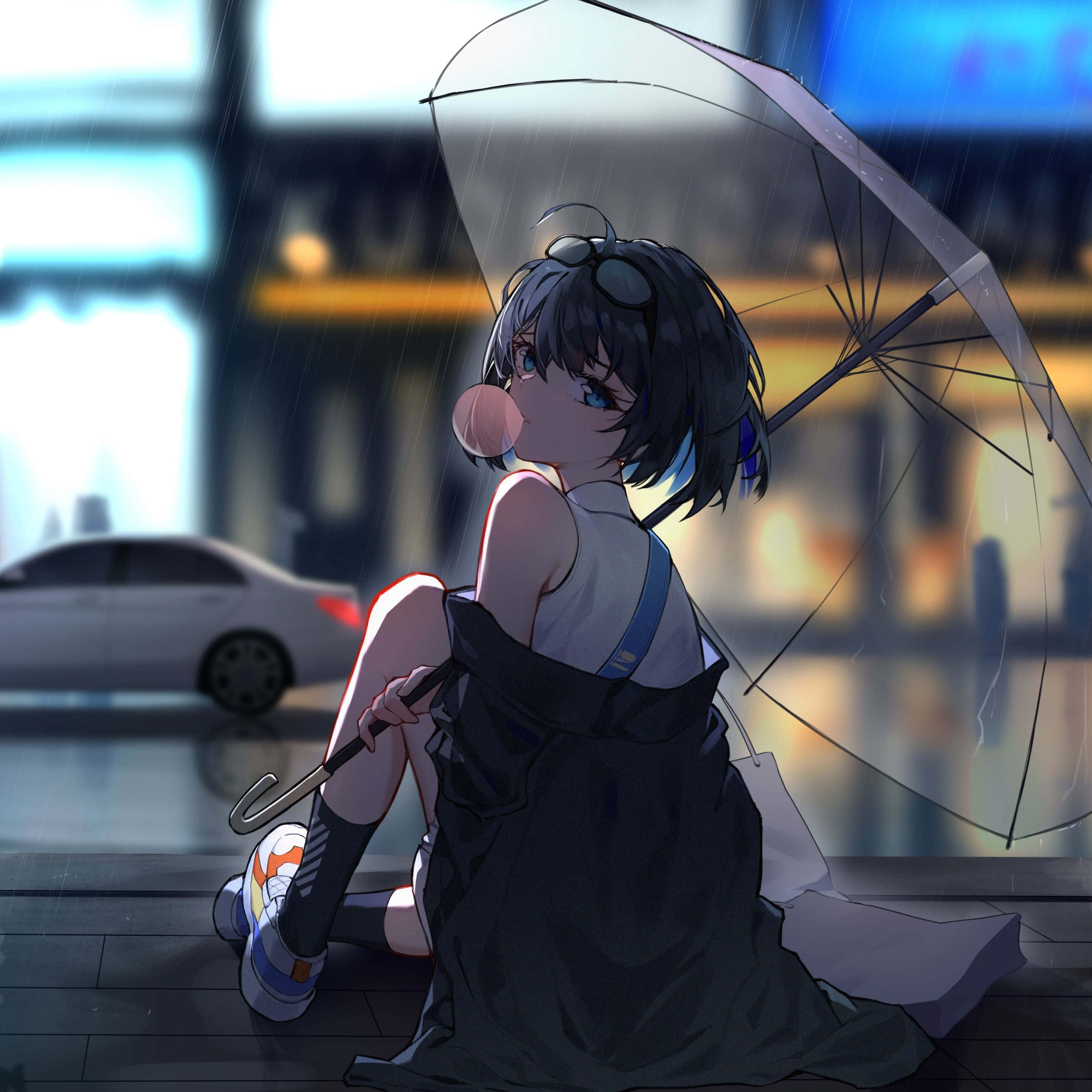 anime girl, dark hair, umbrella, 2K Desktop Wallpaper