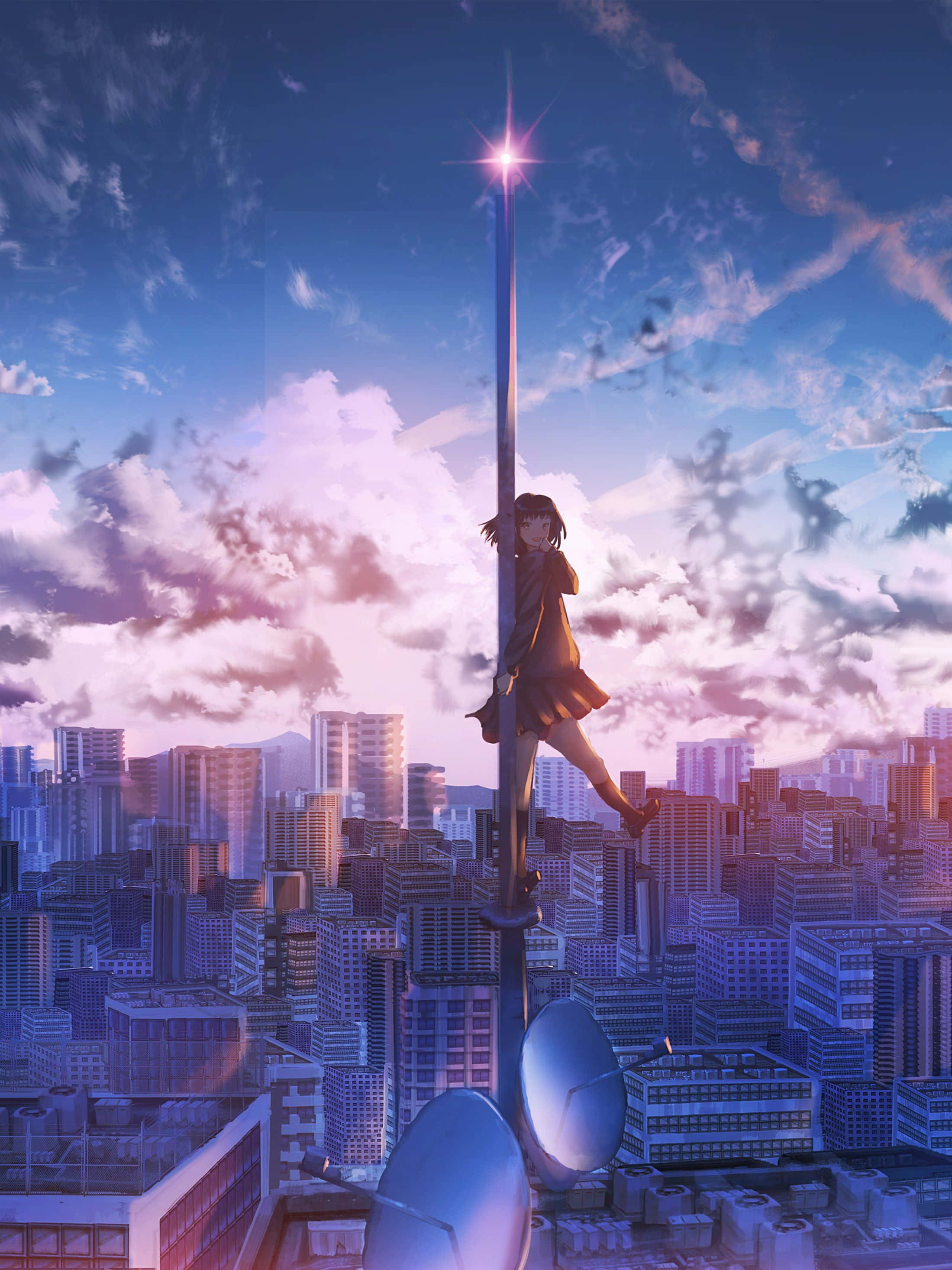 anime cityscape, sunset, girl, 2K Phone Wallpaper
