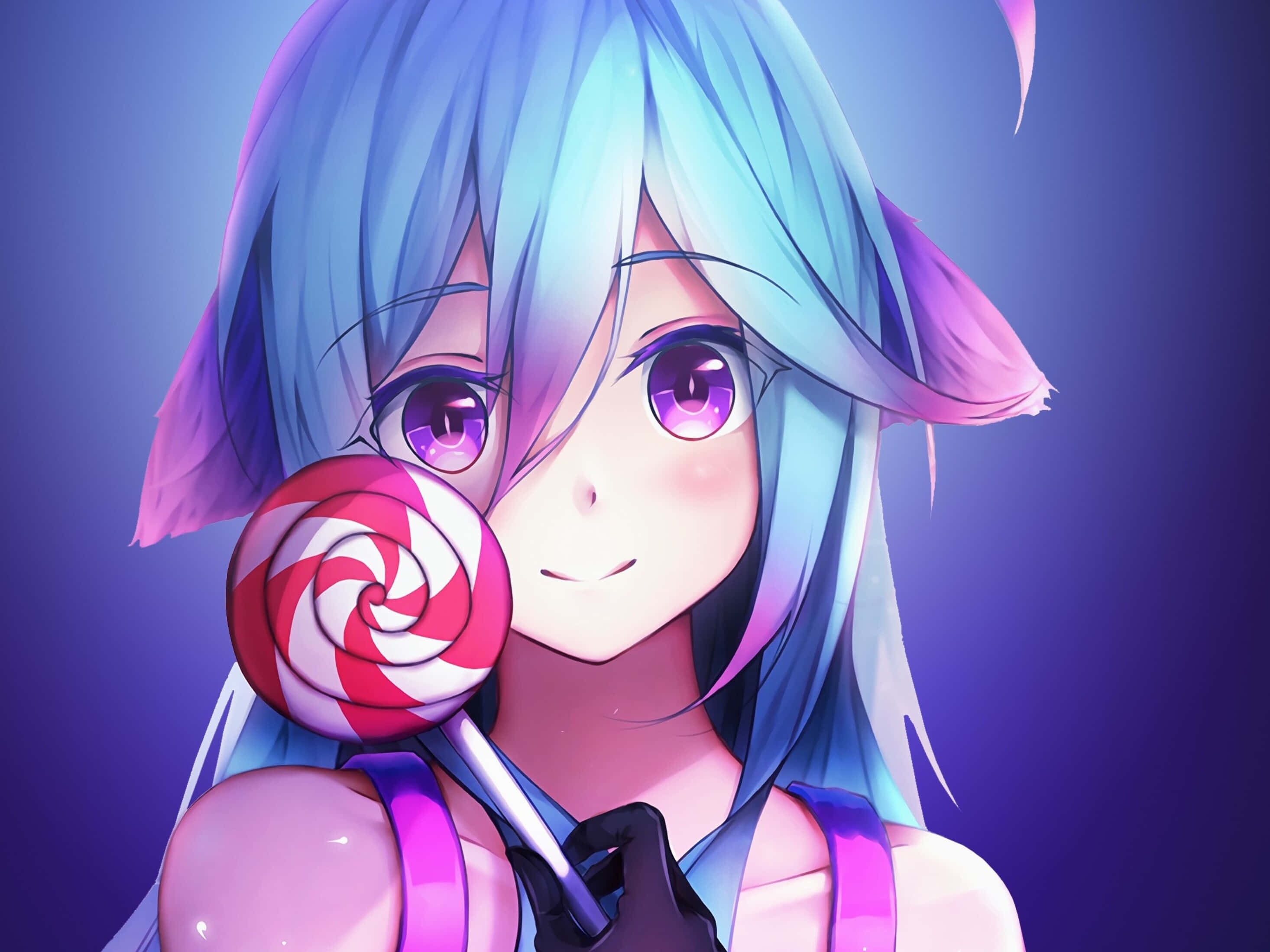blue and pink hair, red and white swirled lollipop, gradient purple background, 2K Desktop Wallpaper
