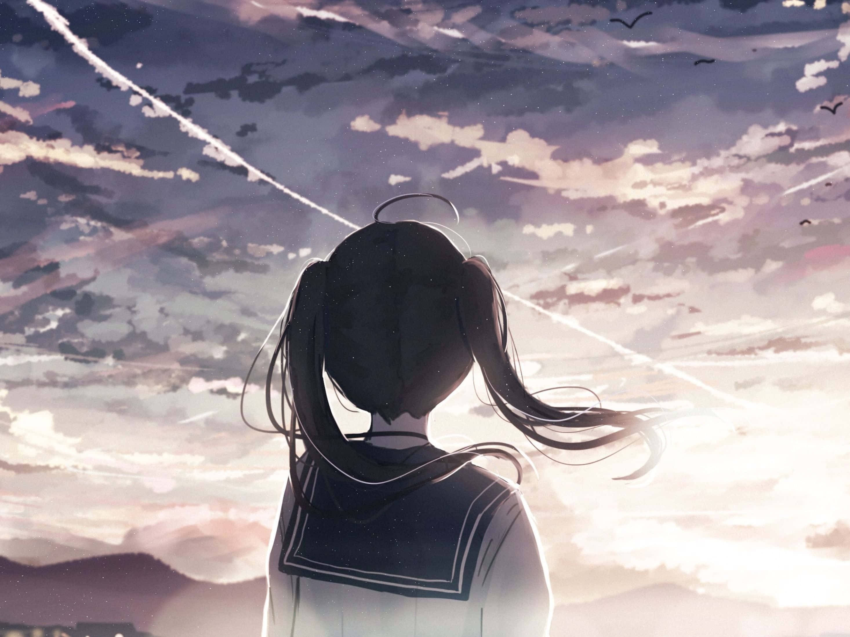 anime girl, sailor uniform, sunset sky, 2K Desktop Wallpaper
