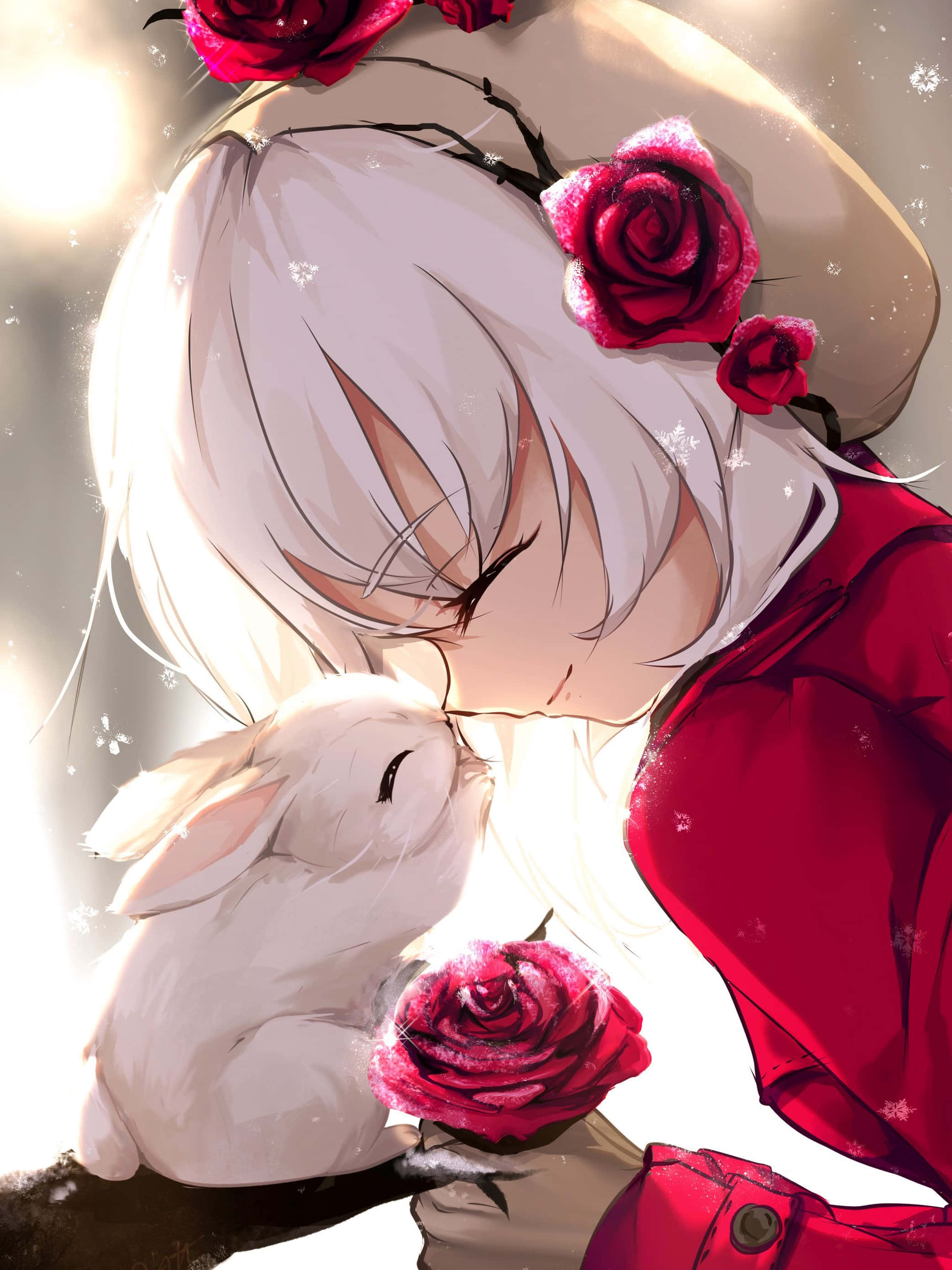 anime girl, white rabbit, red rose, 2K Phone Wallpaper