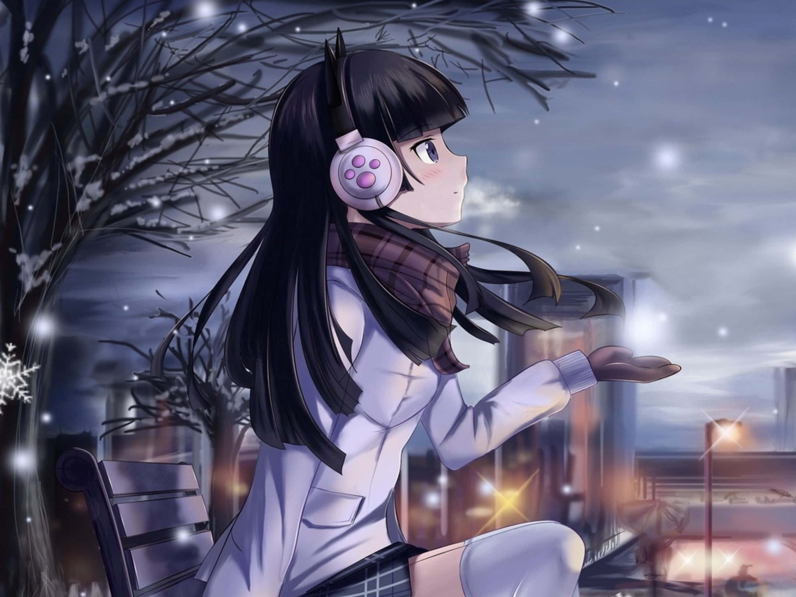 anime girl, long black hair, pink headphones, 2K Desktop Wallpaper