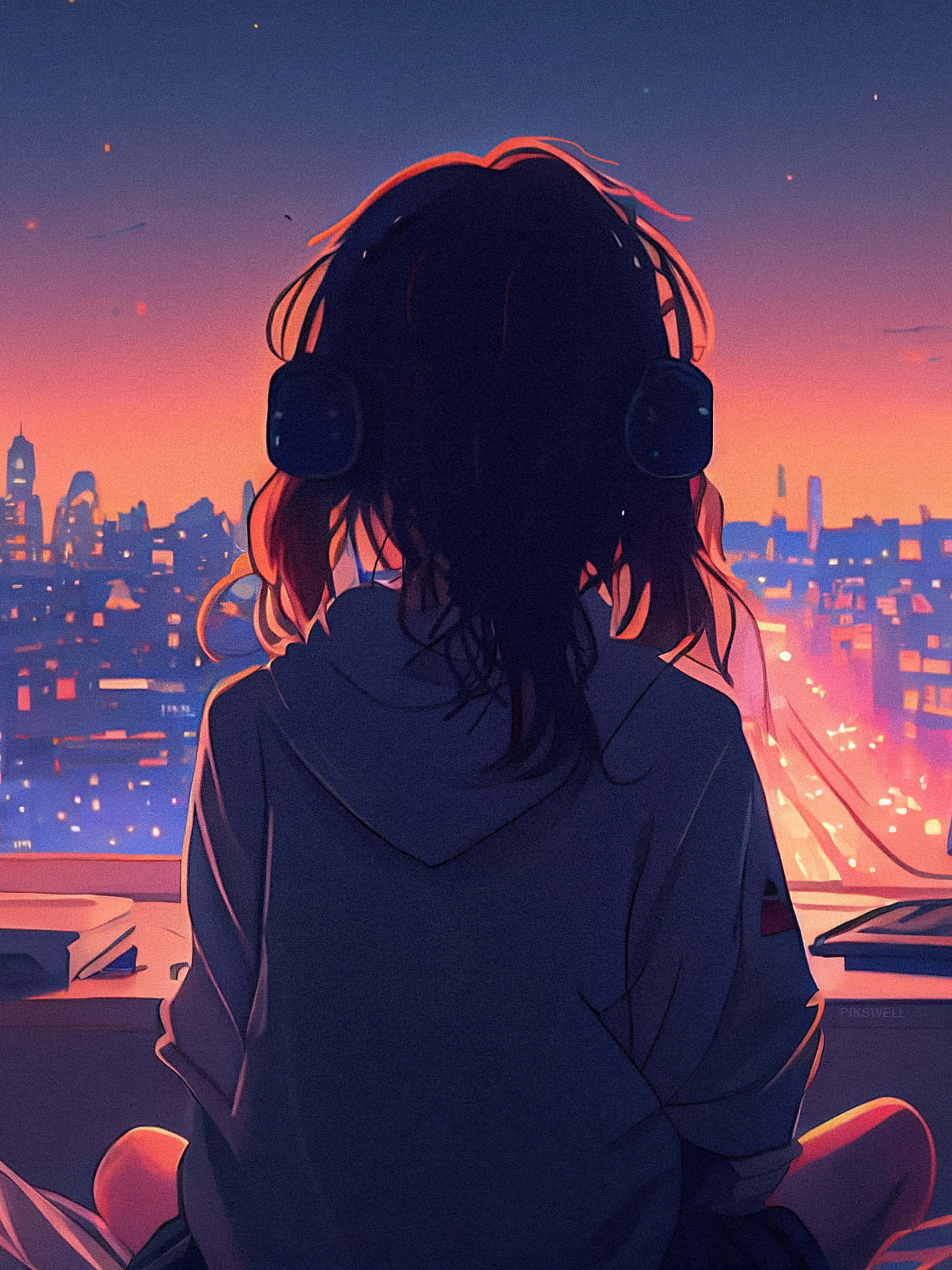 anime girl, headphones, cityscape, 2K Phone Wallpaper