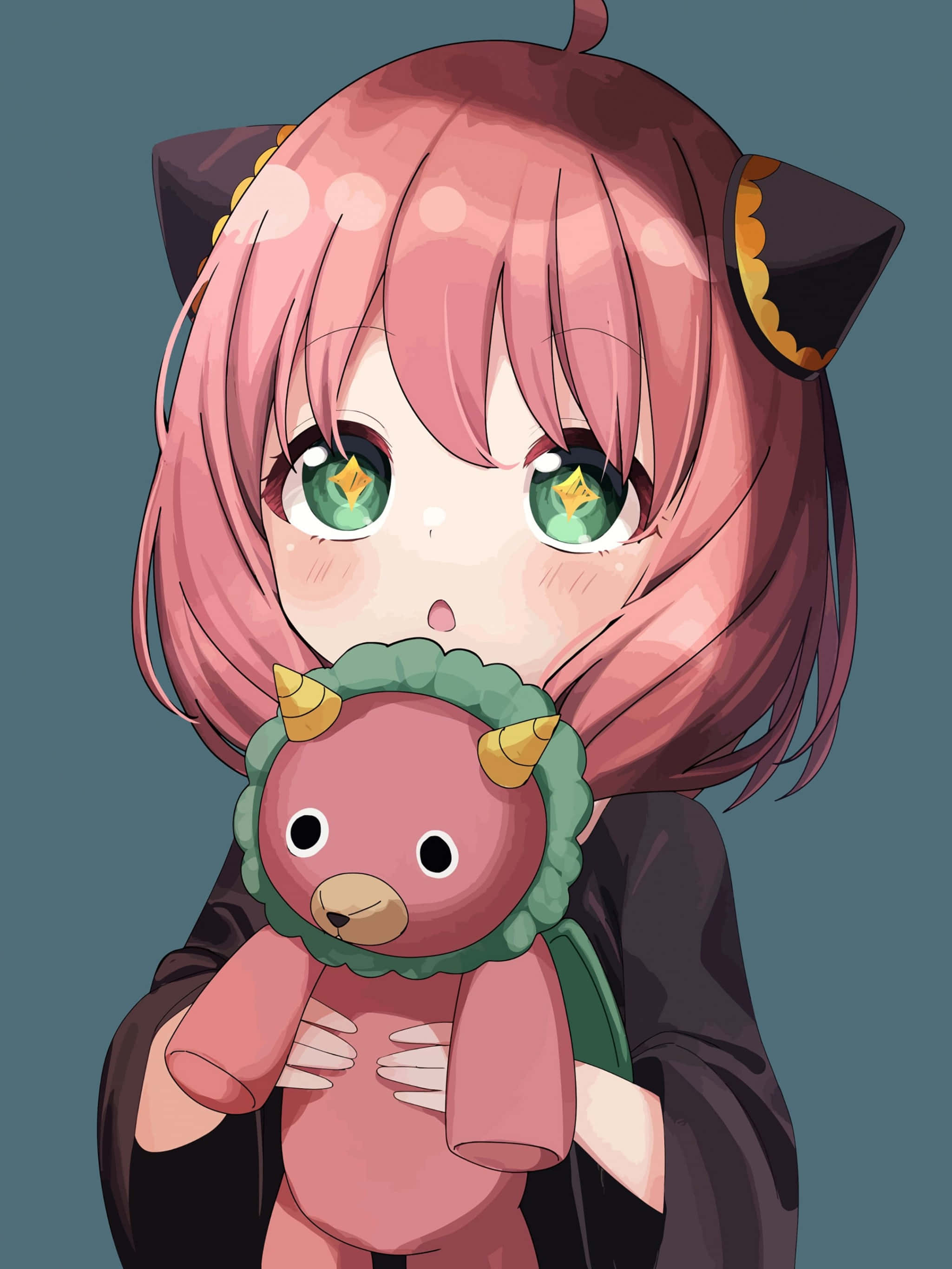 anime girl with cat ears, pink teddy bear, green collar, 2K Phone Wallpaper