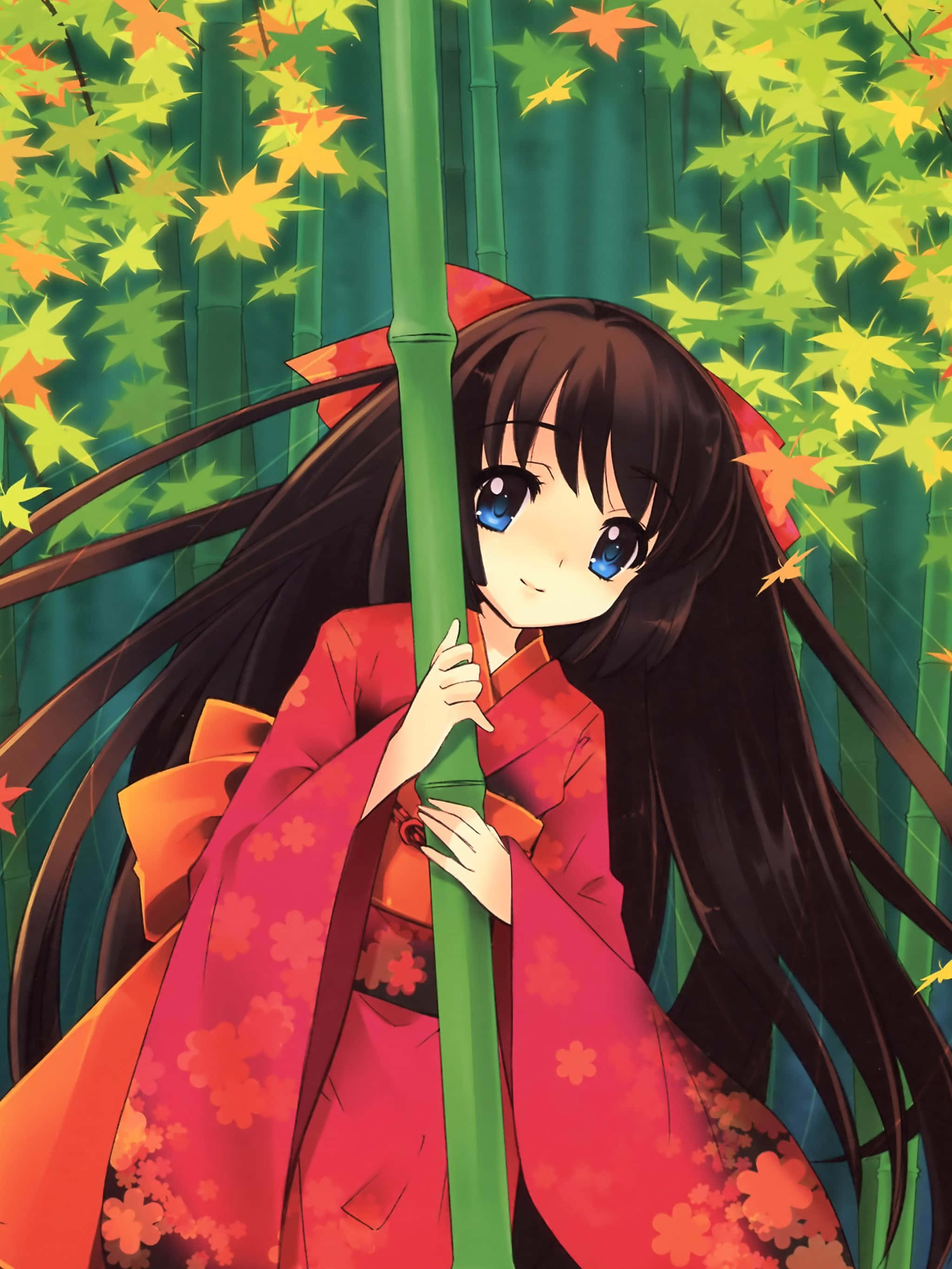 anime girl, traditional red kimono, green bamboo pole, 2K Phone Wallpaper