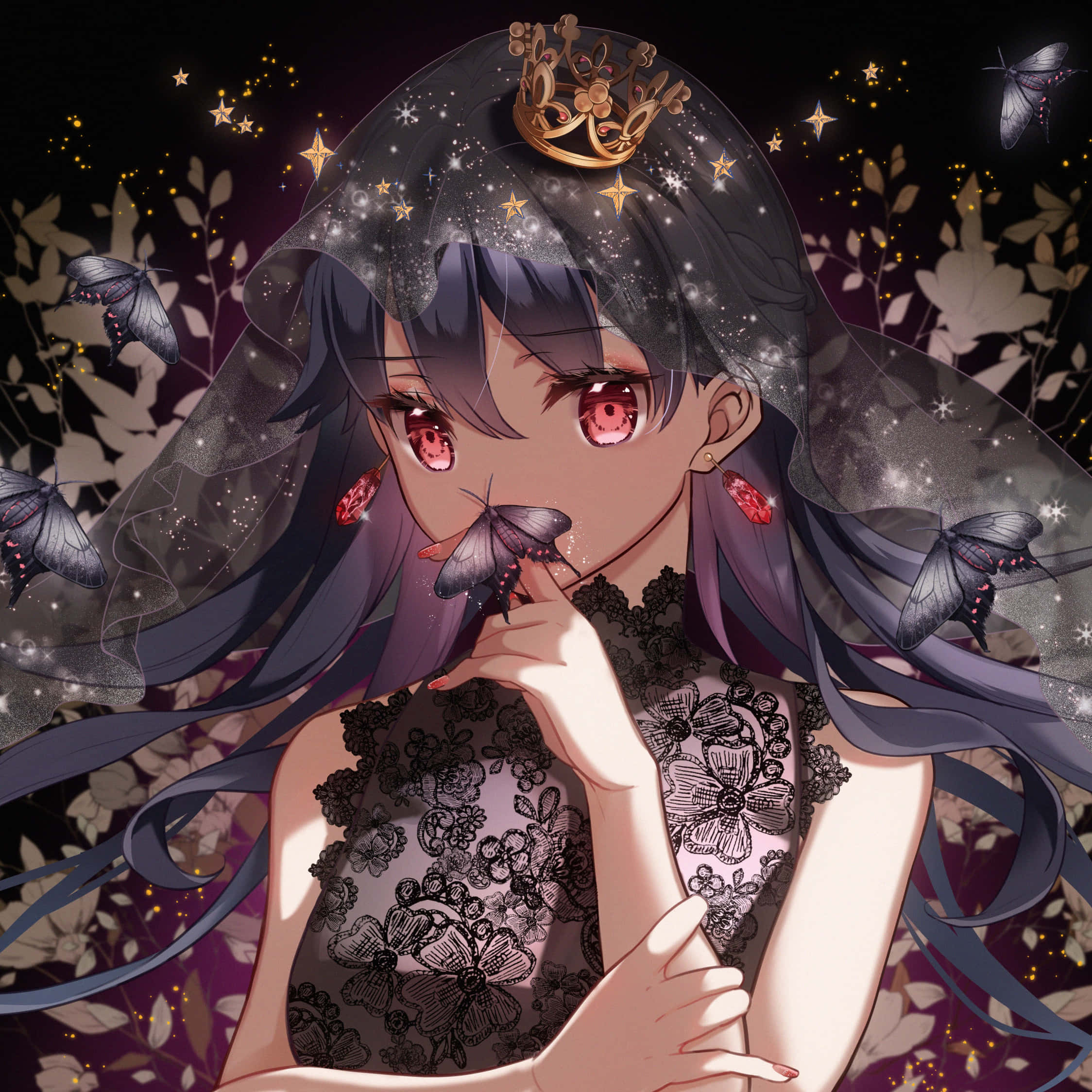 anime girl, dark-haired, red eyes, Full HD Desktop Wallpaper