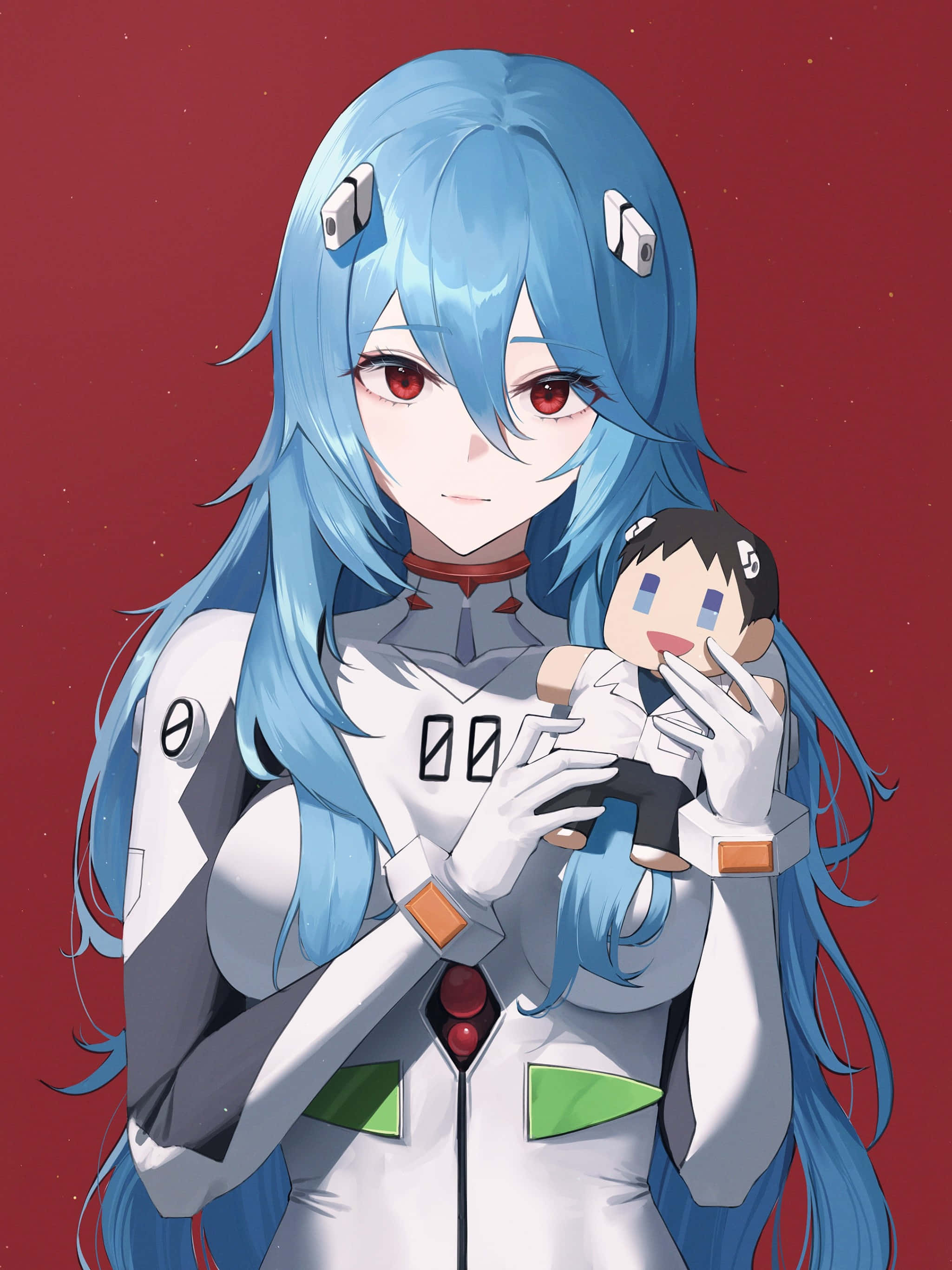 blue-haired anime girl, white and grey suit, small doll, 2K Phone Wallpaper