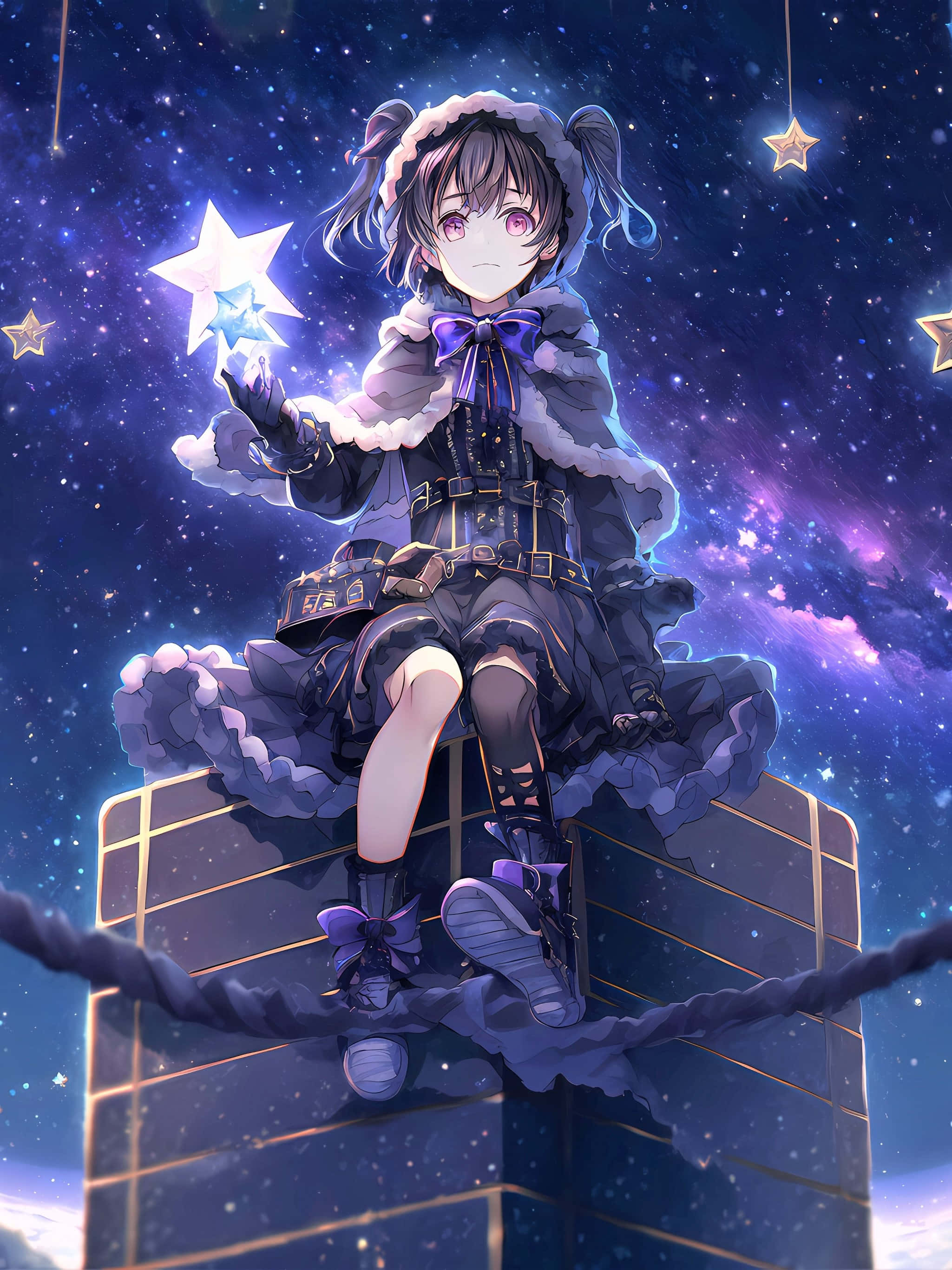 starry night, anime girl, purple hooded coat, 2K Phone Wallpaper