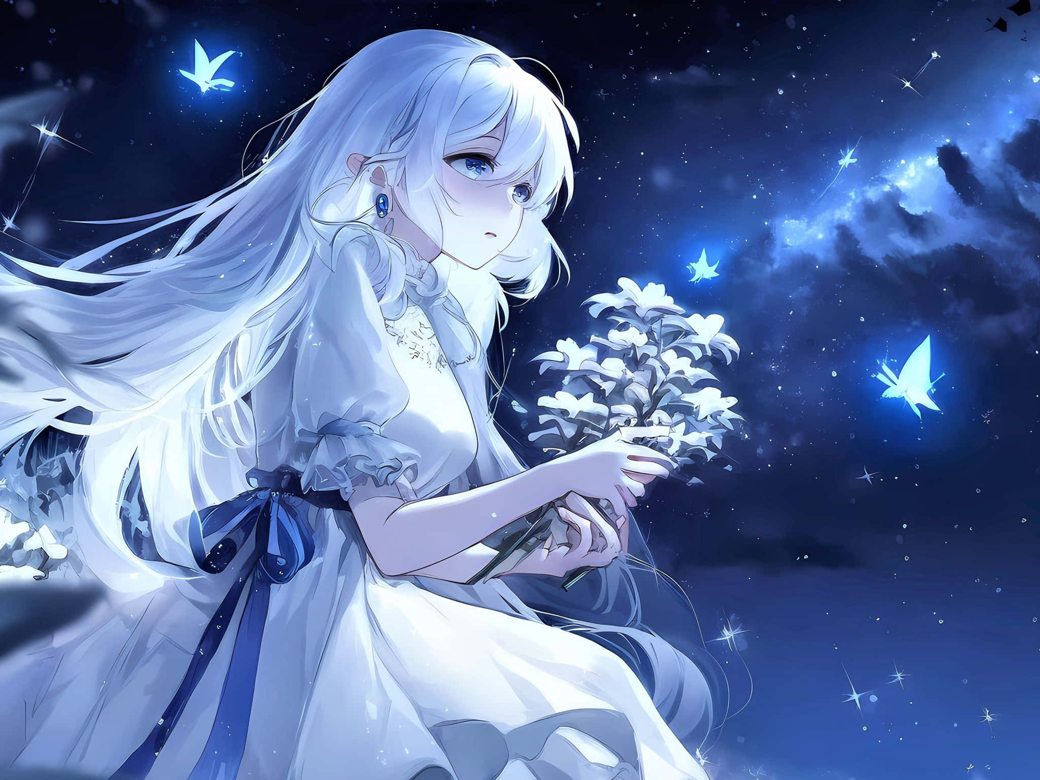 Starry Night, anime girl, long white hair, Full HD Desktop Wallpaper