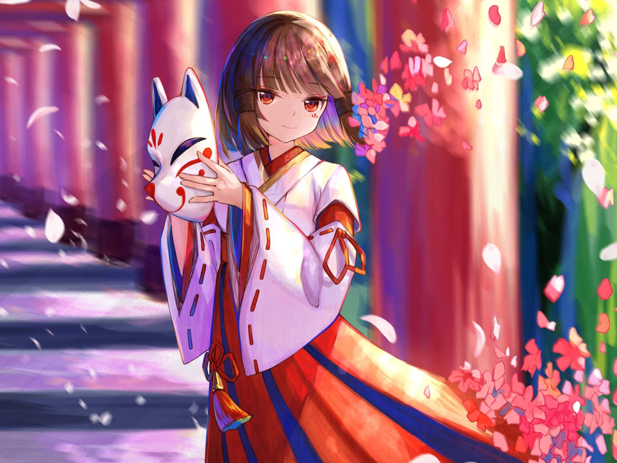 anime girl, fox mask, cherry blossoms, Full HD Desktop Wallpaper