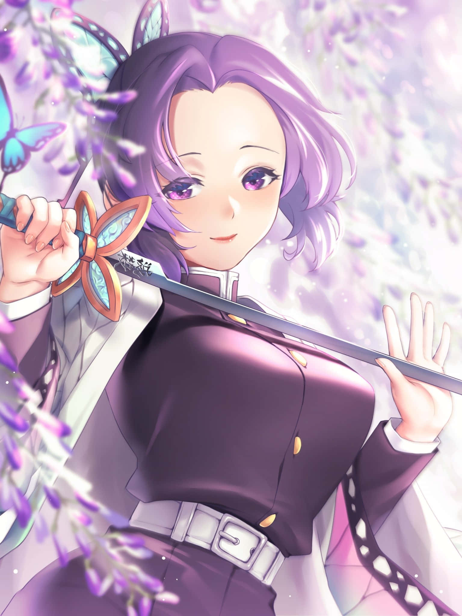 anime butterfly sword girl, purple-haired anime girl, dark uniform, Full HD Phone Wallpaper
