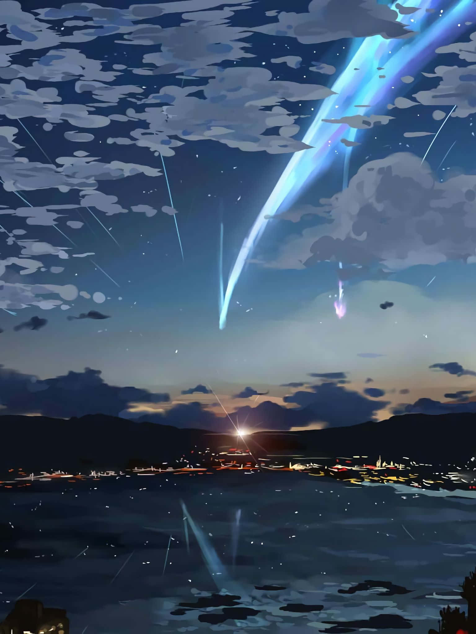nighttime meteor shower, anime scenery, glowing blue meteors, Full HD Phone Wallpaper