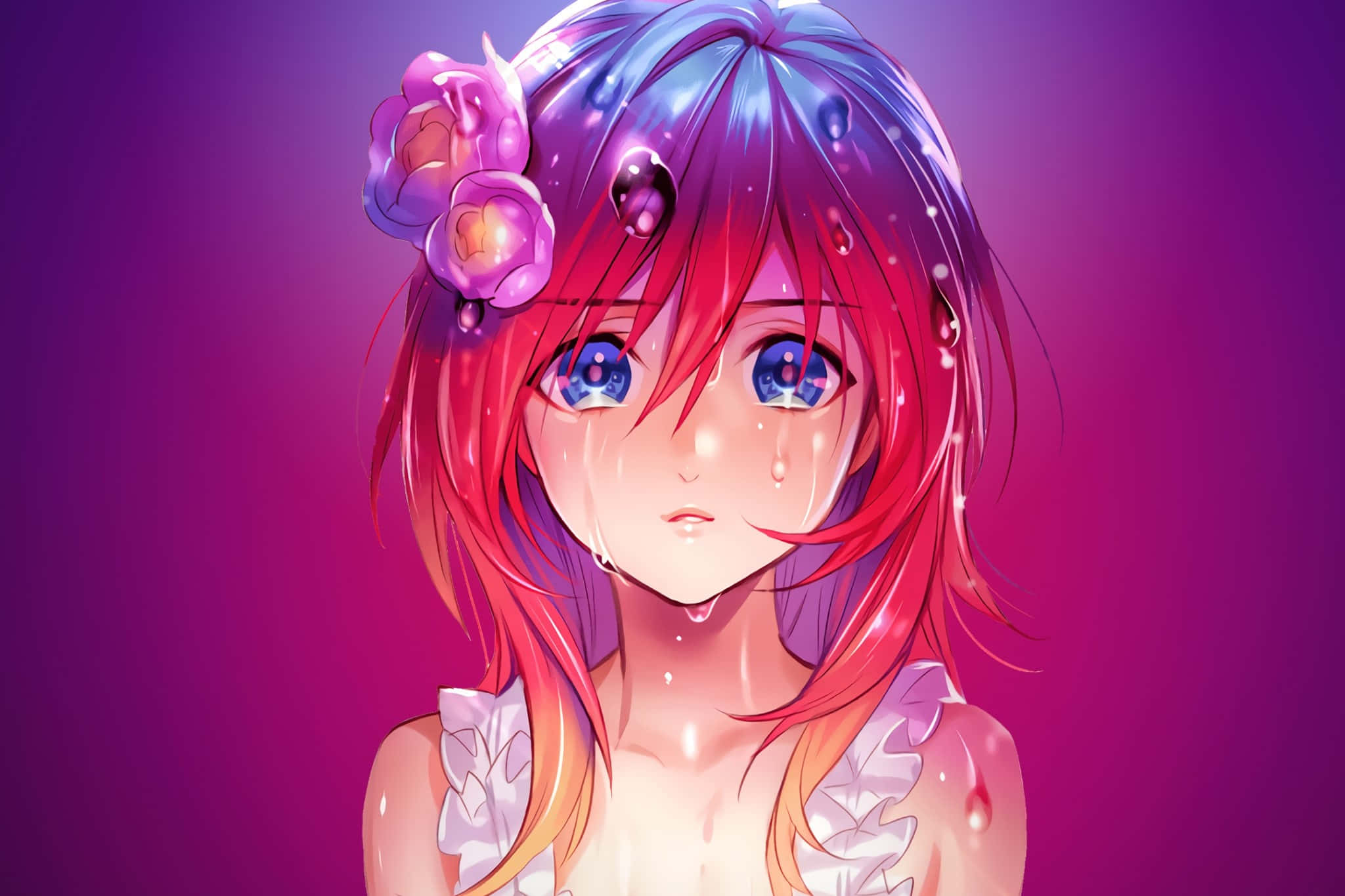 colorful anime girl, red hair, blue eyes, Full HD Desktop Wallpaper
