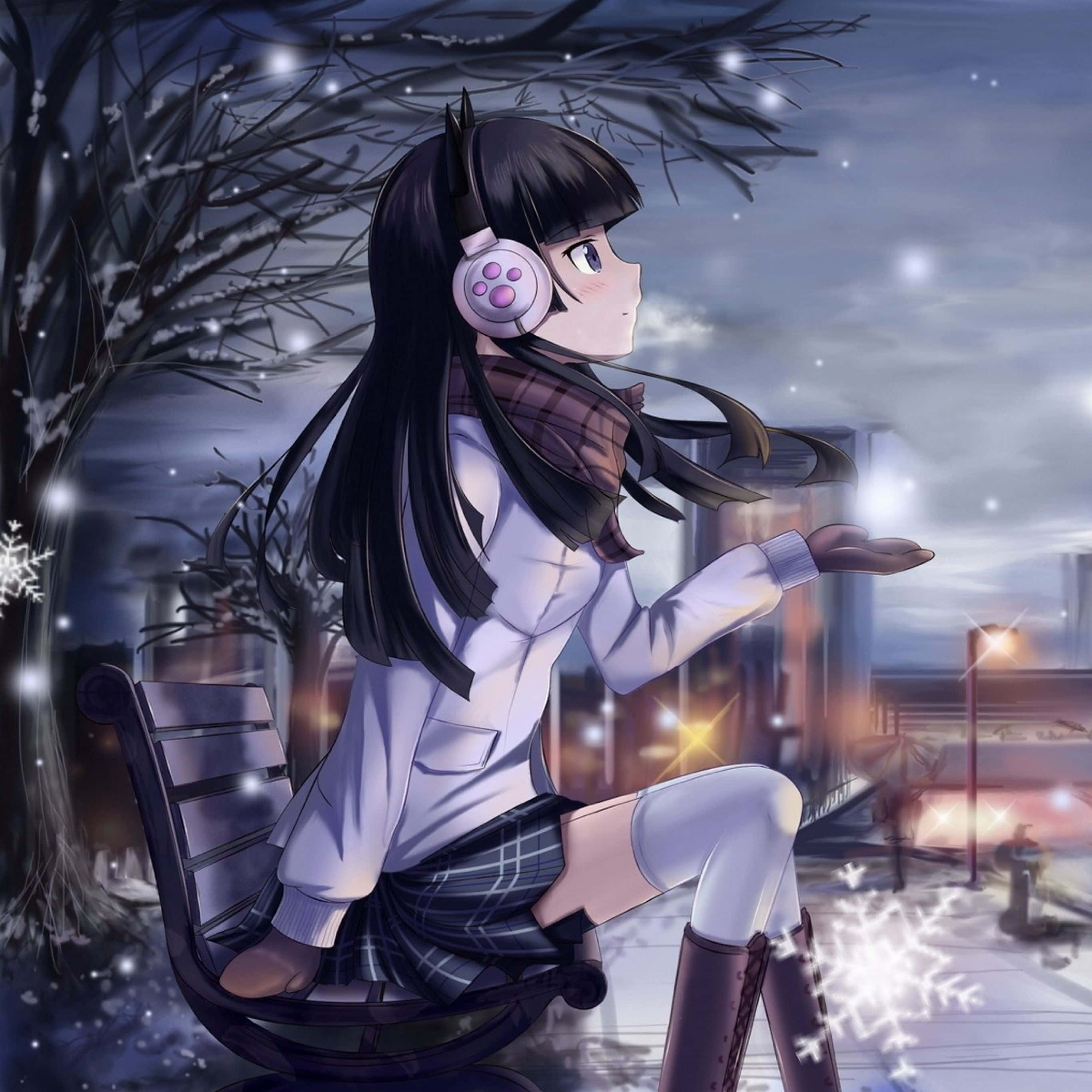 iPad, anime school girl, snow-dusted trees, 2K Desktop Wallpaper