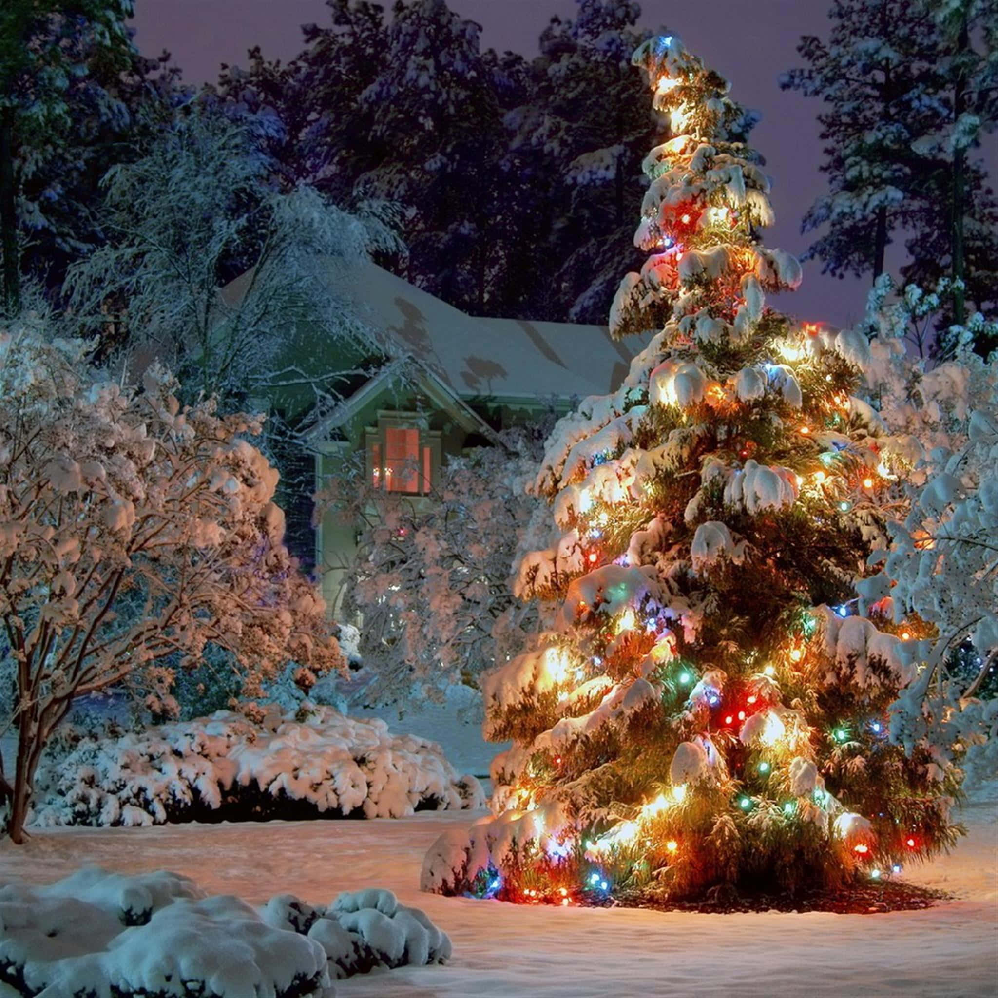iPad, Christmas, snow-covered Christmas tree, Full HD Desktop Wallpaper