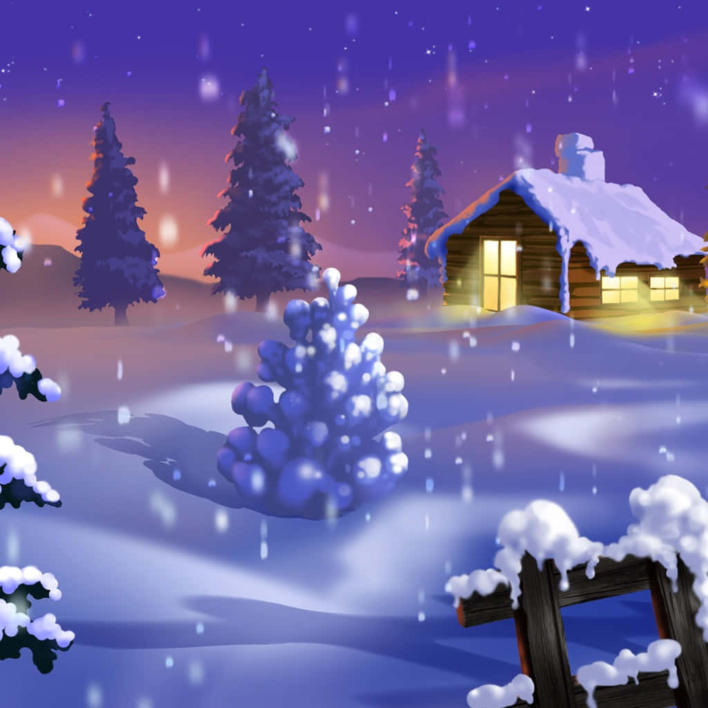 iPad Christmas, snow-covered cabin, twilight sky, SD Desktop Wallpaper