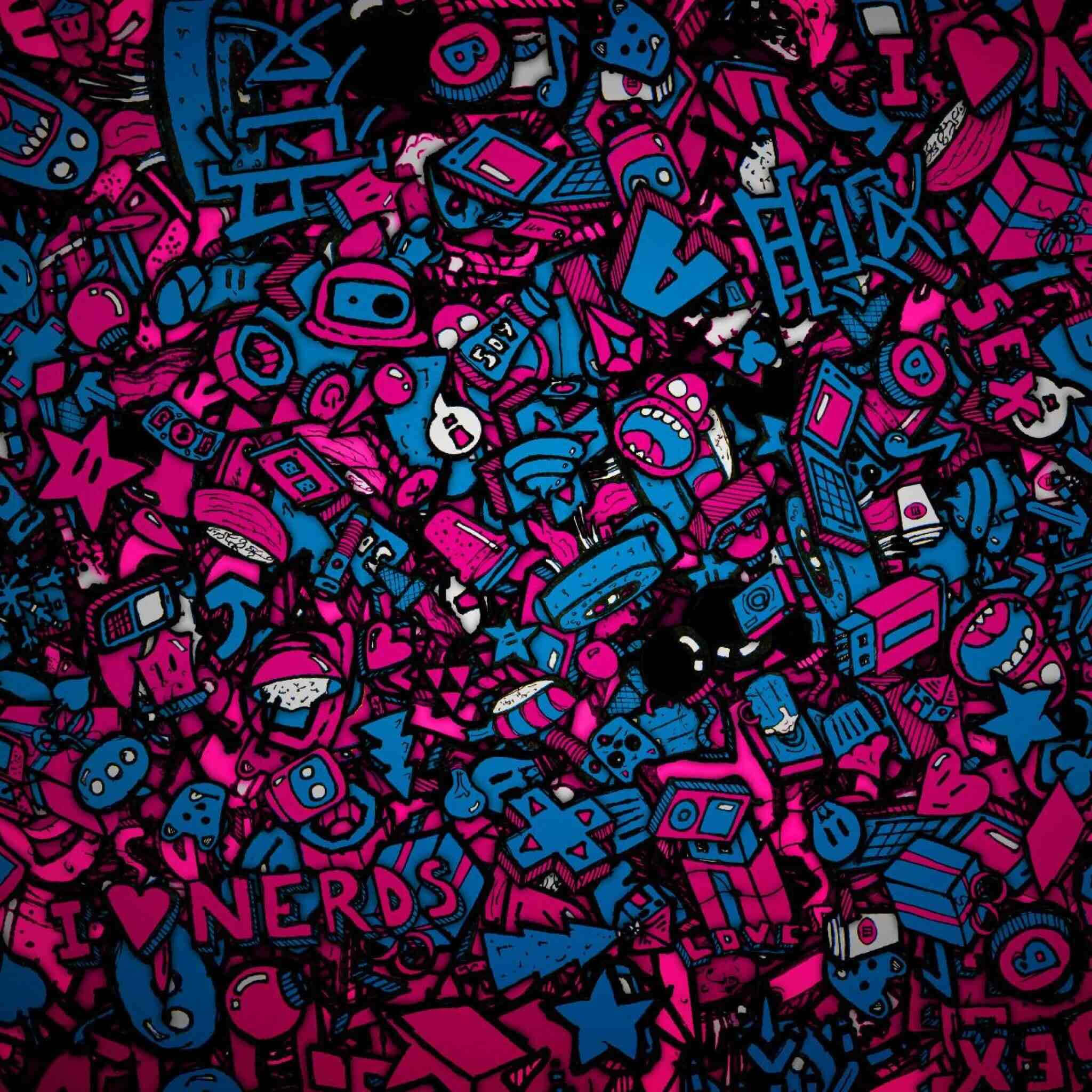 colorful doodle artwork, pink, blue, Full HD Desktop Wallpaper