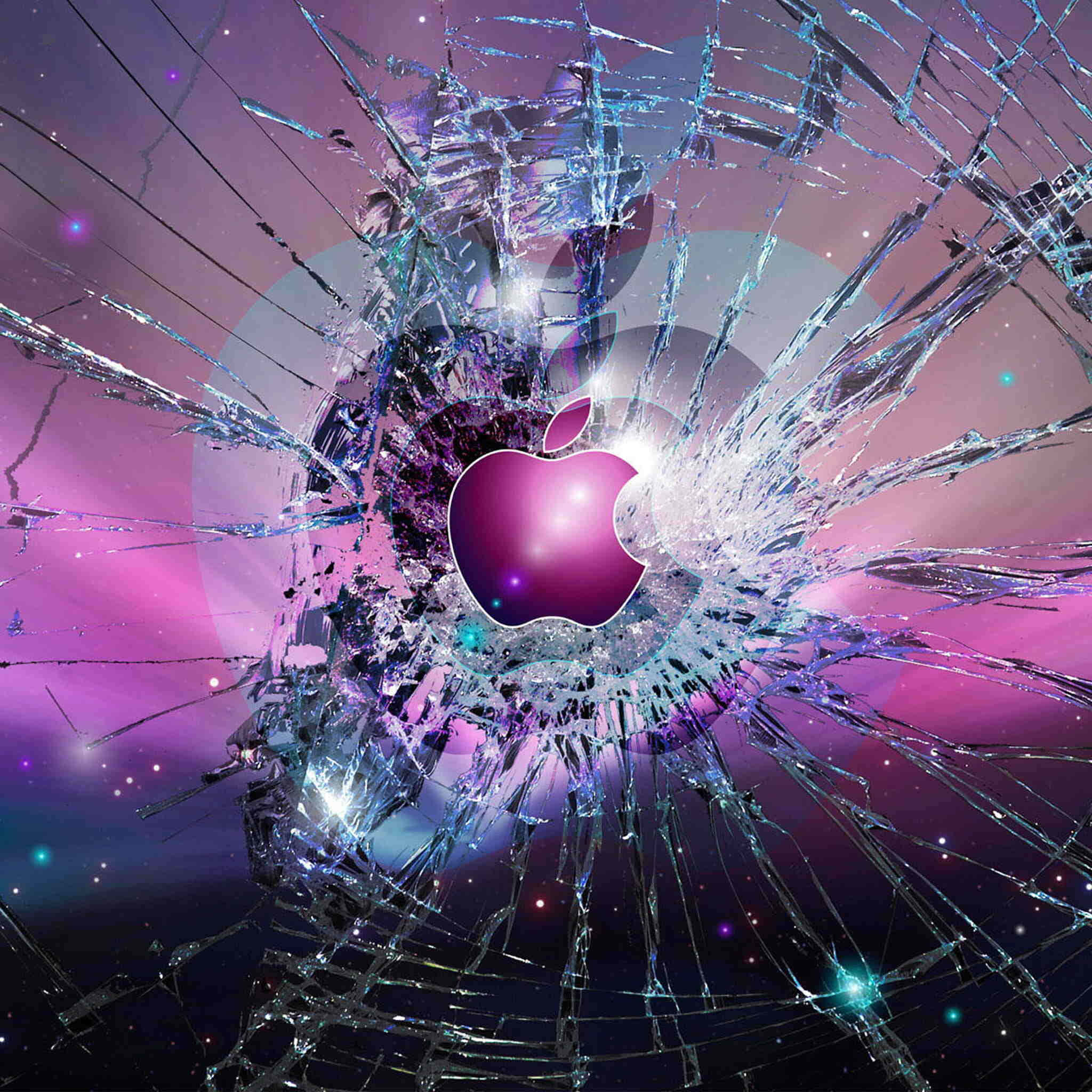 shattered glass effect, glowing purple Apple logo, cosmic pink and blue starry background, Full HD Desktop Wallpaper