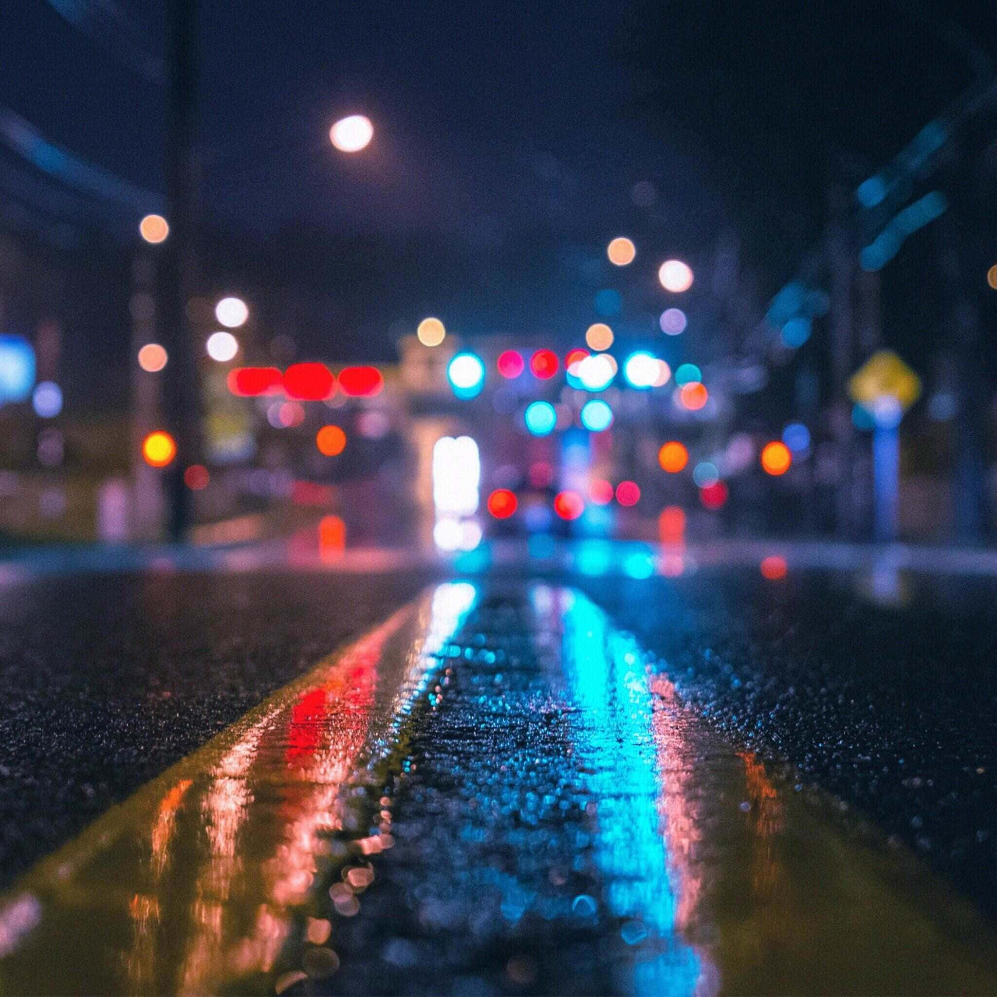 Rainy Night City Lights, urban street, glowing bokeh lights, Full HD Desktop Wallpaper