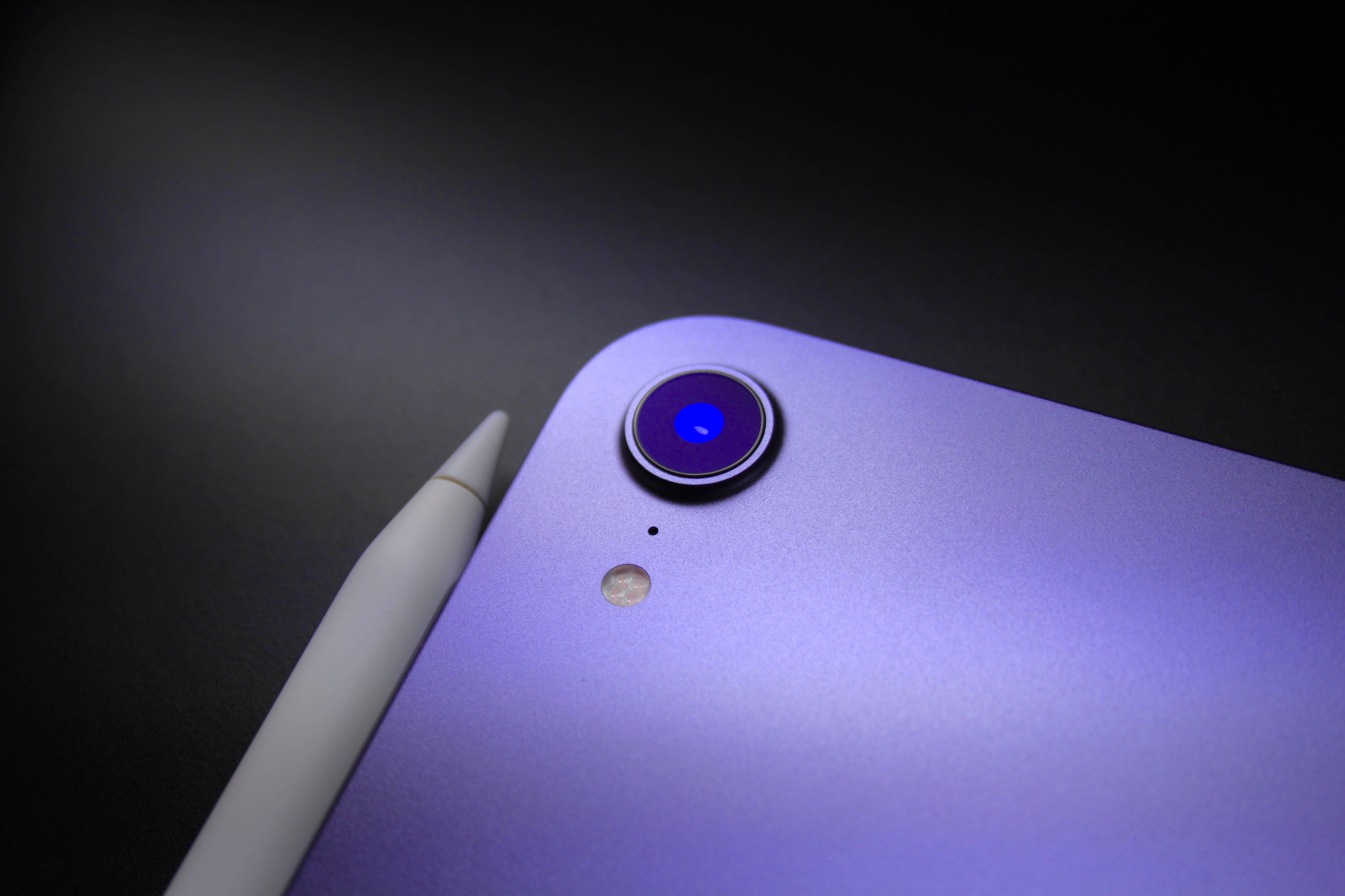iPad Mini, purple, glowing blue camera lens, 4K Desktop Wallpaper
