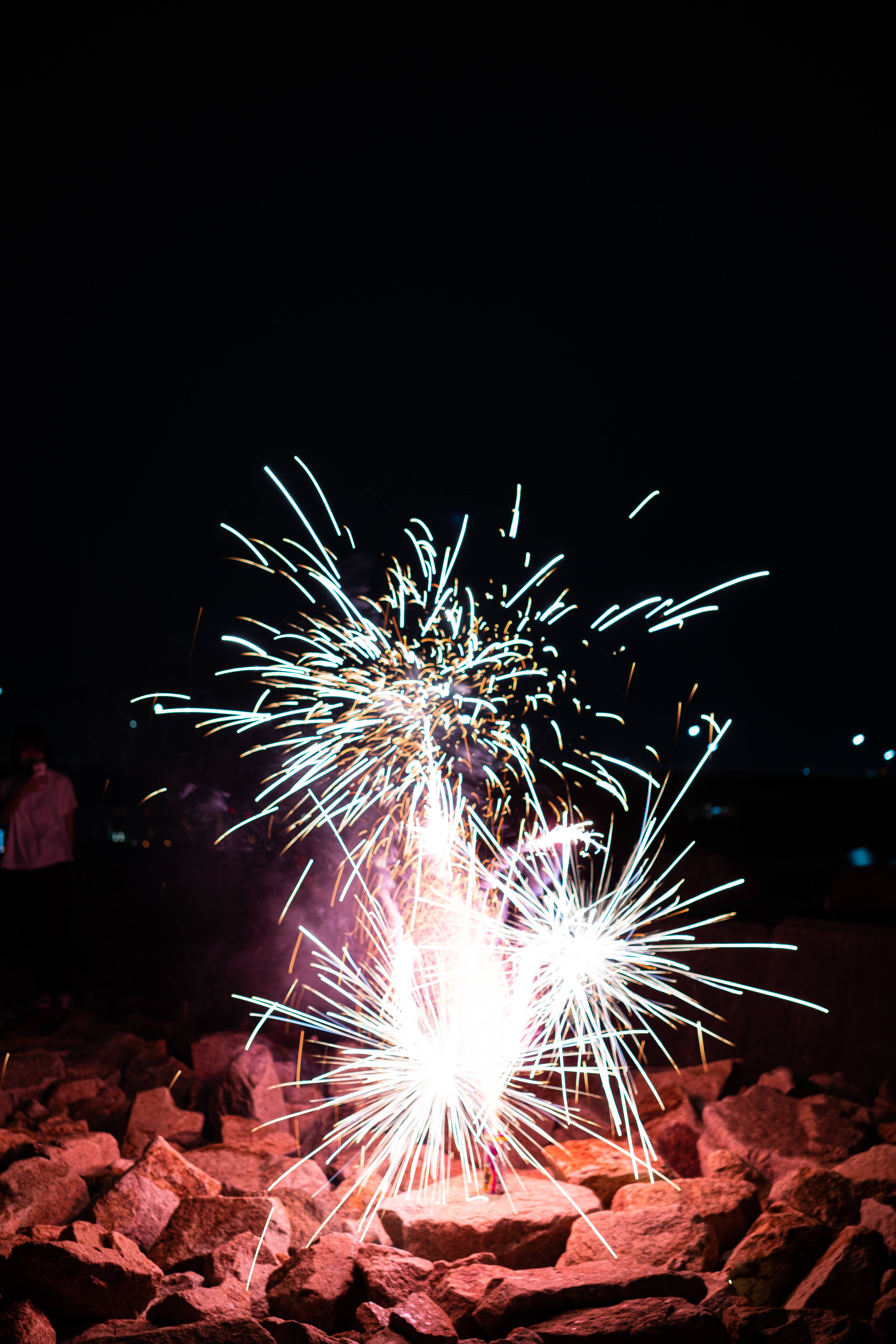 fireworks display, iPad Mini, white and gold sparks, 5K Phone Wallpaper