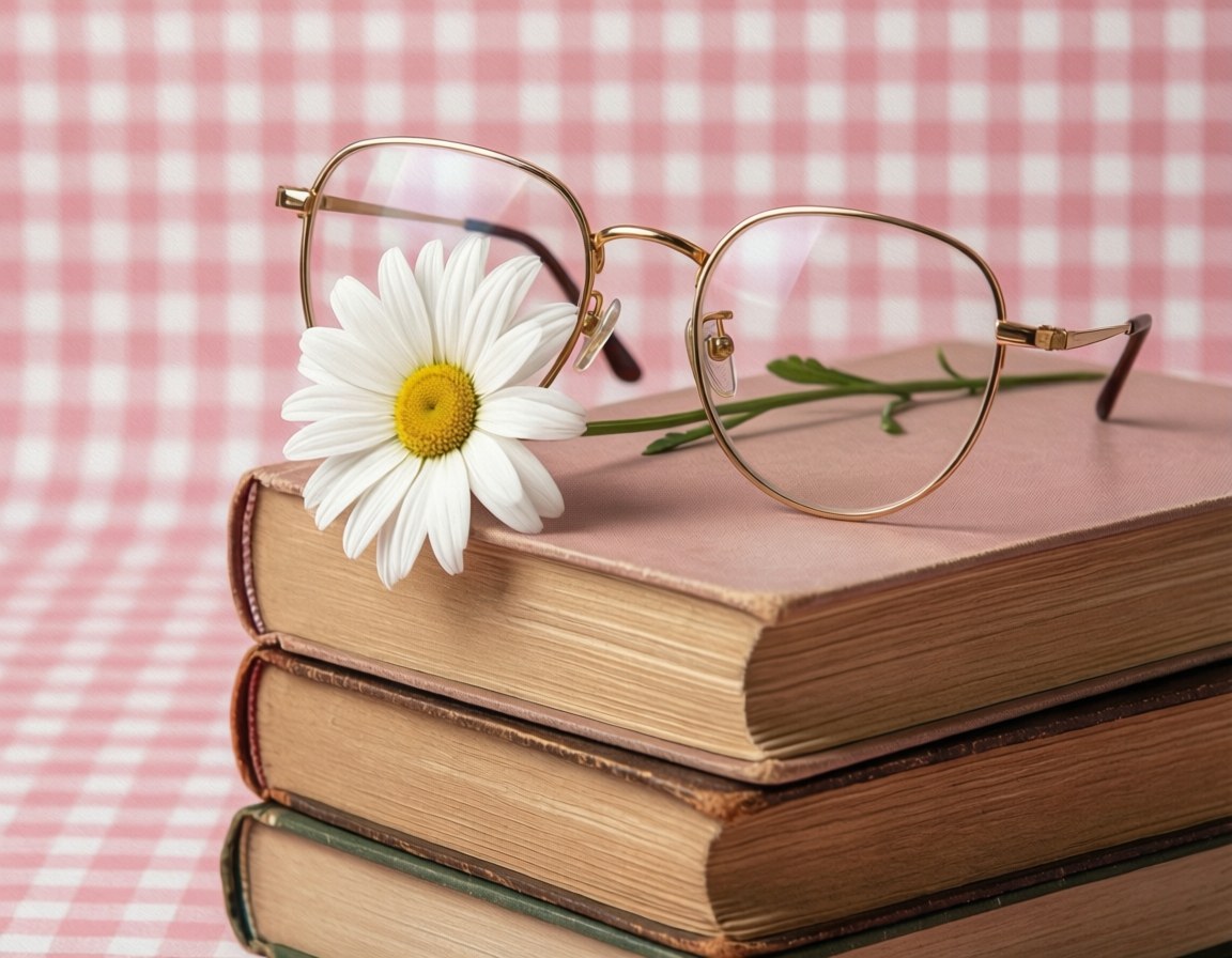gingham, daisy, glasses on books, SD Desktop Wallpaper